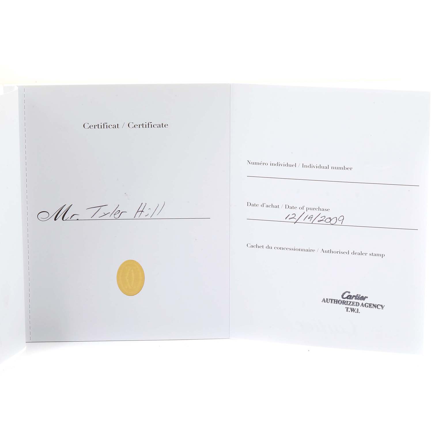 The image shows an open certificate booklet for the Cartier Roadster W6206012 Men
s Stainless Steel Blue Dial W6206012 Men
s Stainless Steel Blue Dial model watch.