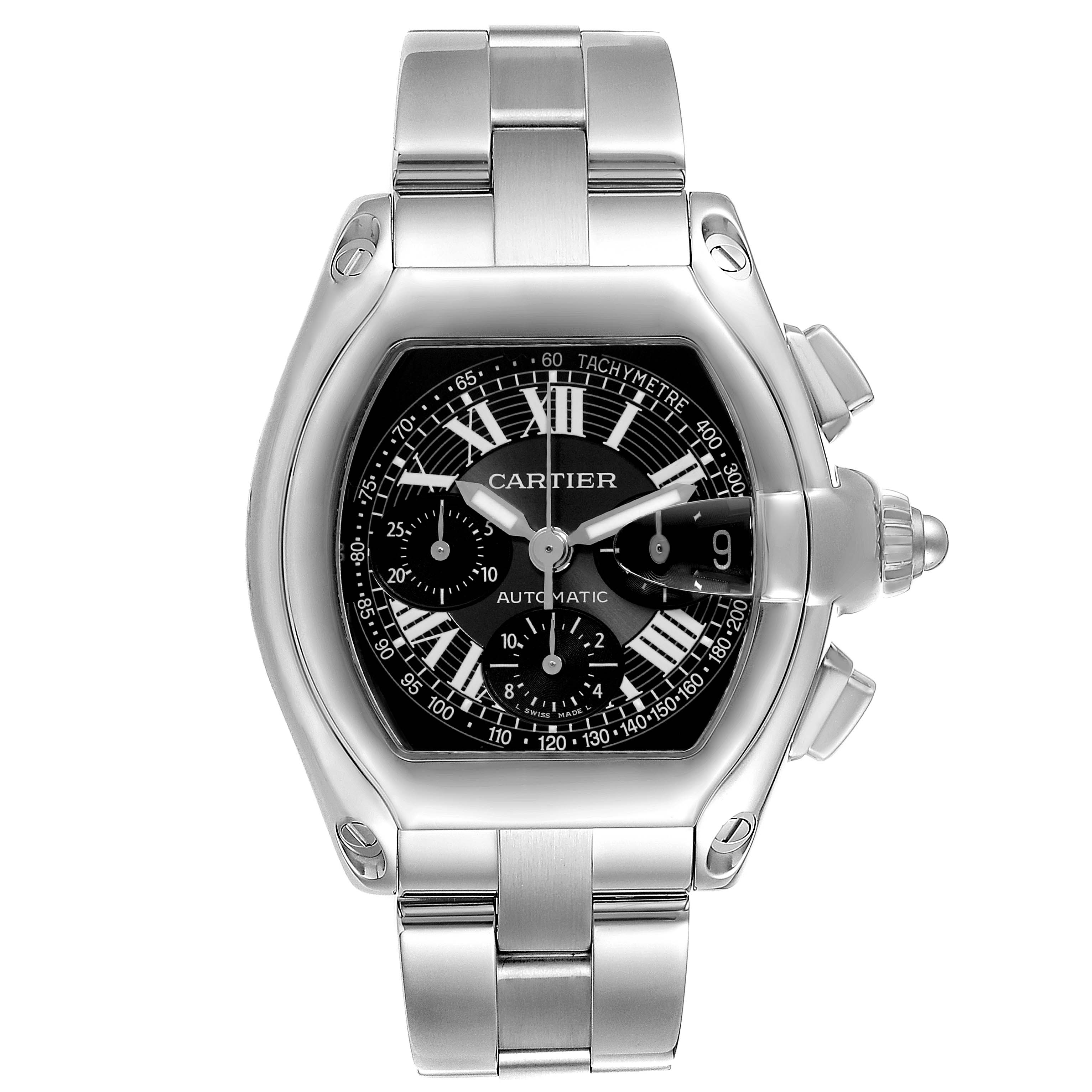 The Cartier Roadster W62007X6 Men's Stainless Steel Black Dial W62007X6 Men's Stainless Steel Black Dial watch is shown from a front angle, displaying the face, bezel, crown, and bracelet.