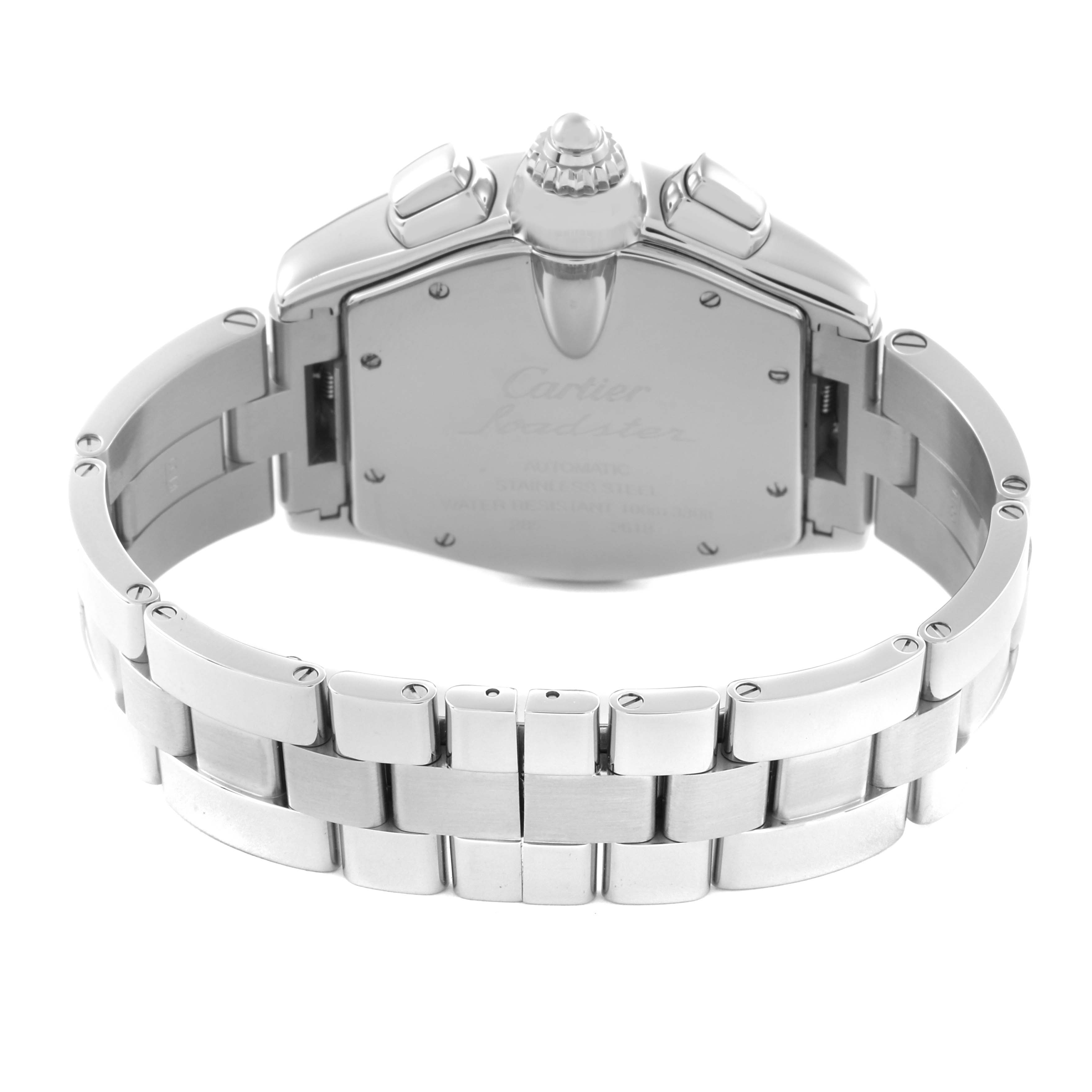 The image shows the back view of a Cartier Roadster W62007X6 Men's Stainless Steel Black Dial W62007X6 Men's Stainless Steel Black Dial watch, highlighting the case back, crown, and bracelet.