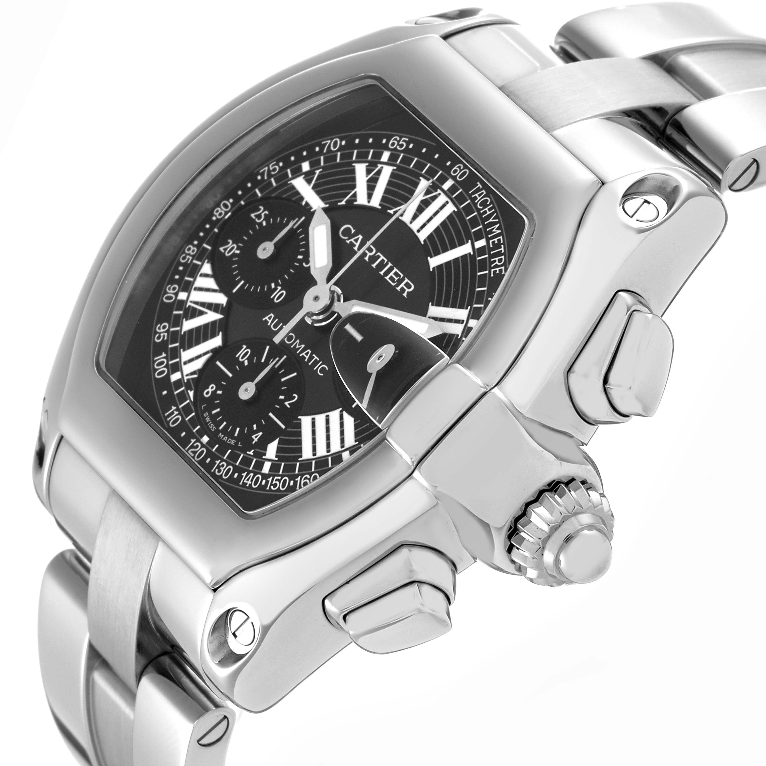The Cartier Roadster W62007X6 Men's Stainless Steel Black Dial W62007X6 Men's Stainless Steel Black Dial watch is shown from a side angle, highlighting its crown, pushers, and partial bracelet.