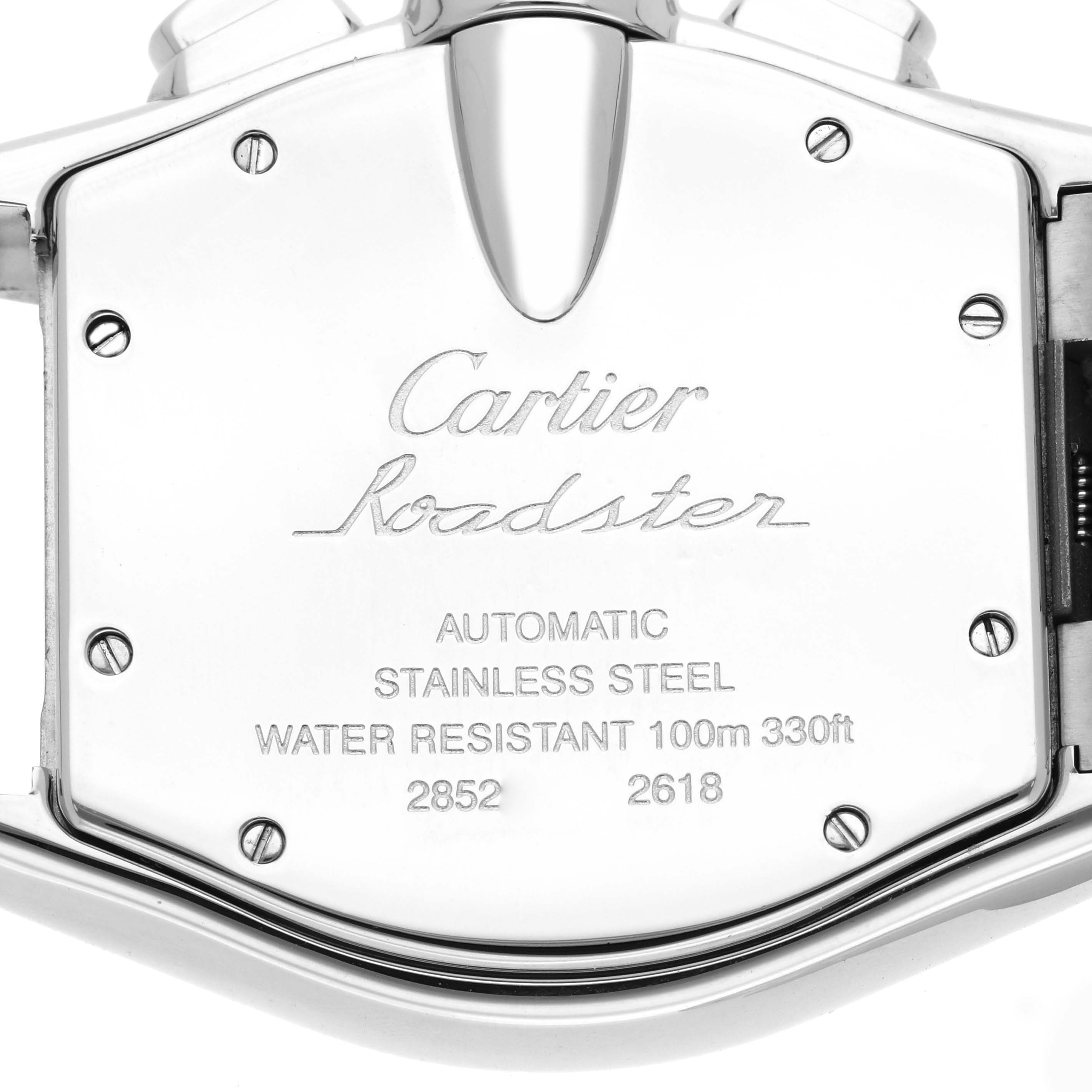 The image shows the back of the Cartier Roadster W62007X6 Men's Stainless Steel Black Dial W62007X6 Men's Stainless Steel Black Dial watch, highlighting its case details and engravings.