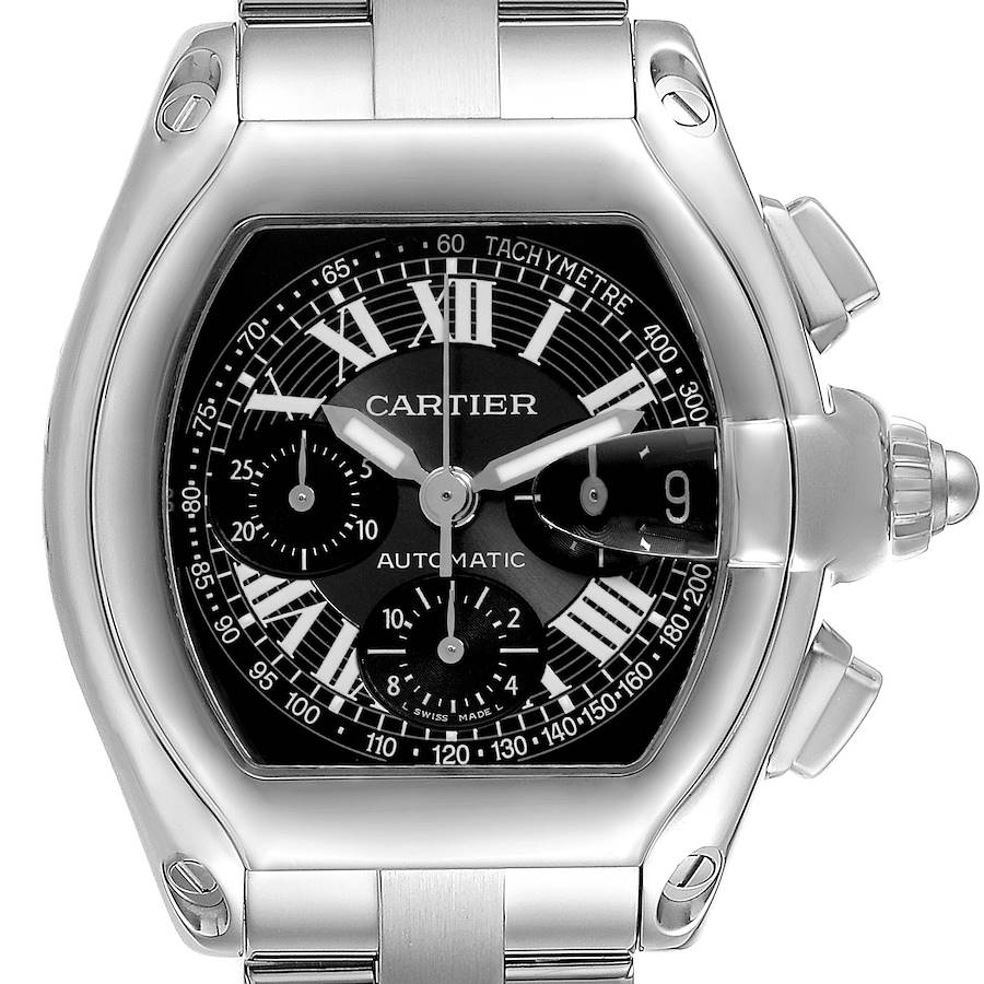 The Cartier Roadster watch is shown from the front, highlighting its face, tachymeter, subdials, and crown.