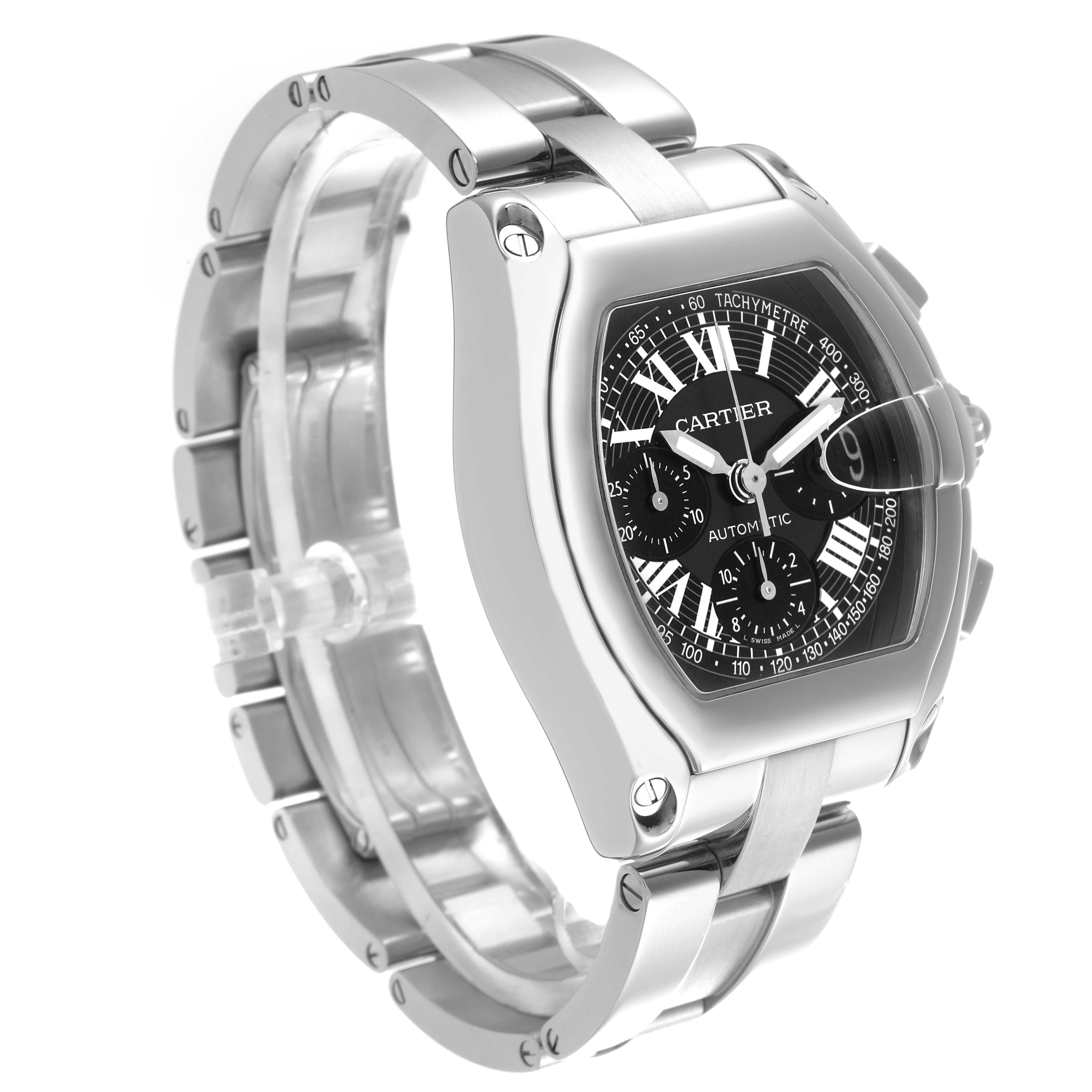 The Cartier Roadster W62007X6 Men's Stainless Steel Black Dial W62007X6 Men's Stainless Steel Black Dial watch is shown at a three-quarter angle, displaying the face, metal bracelet, and crown details.