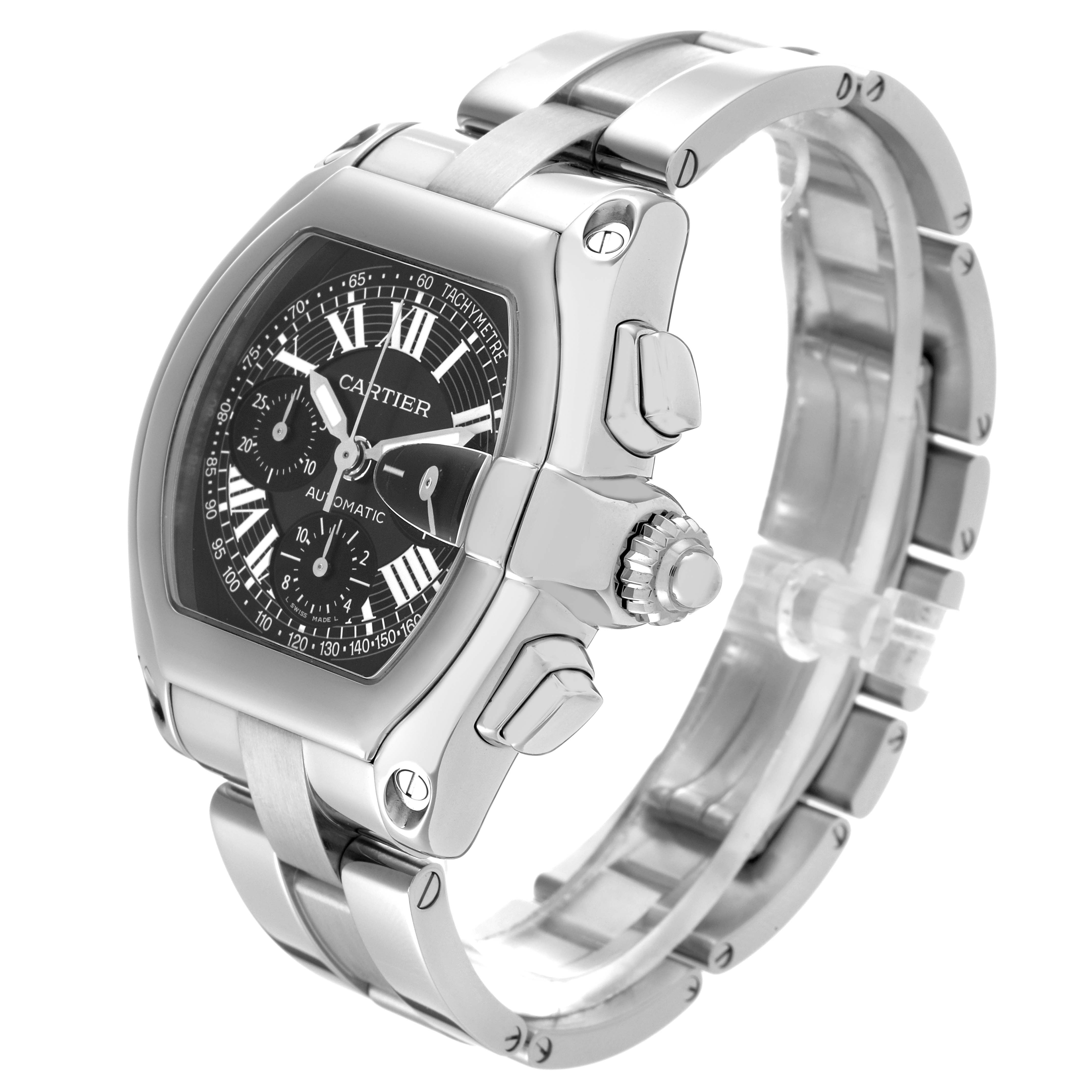 The Cartier Roadster W62007X6 Men's Stainless Steel Black Dial W62007X6 Men's Stainless Steel Black Dial watch is shown at a three-quarter angle, highlighting the face, crown, and bracelet links.