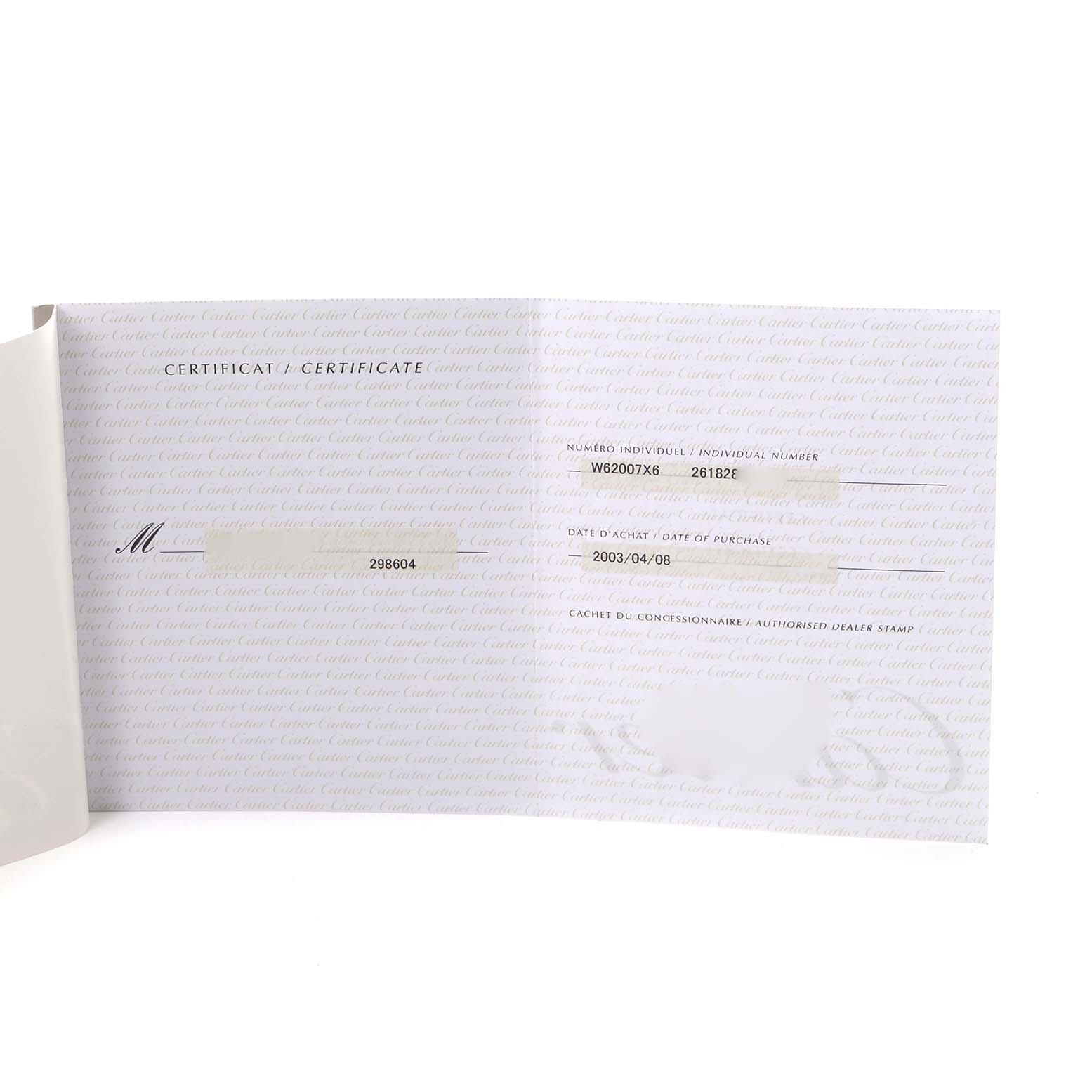 This image shows the certificate documentation for the Cartier Roadster W62007X6 Men's Stainless Steel Black Dial W62007X6 Men's Stainless Steel Black Dial model watch.