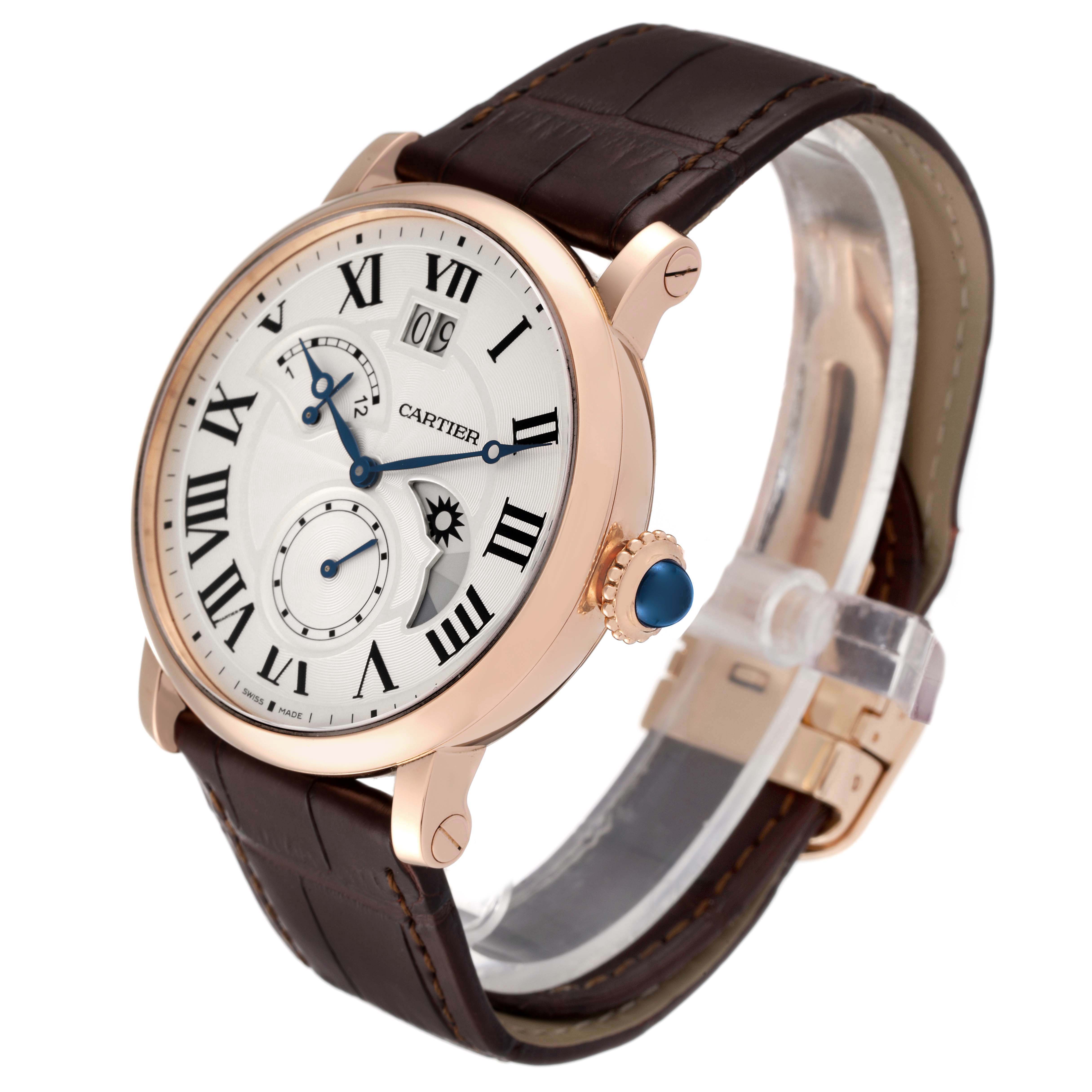 This is a side-angle view of a Cartier Rotonde W1556240 Men's Rose Gold Silver Dial W1556240 Men's Rose Gold Silver Dial watch, showcasing the face, bezel, crown, and leather strap.