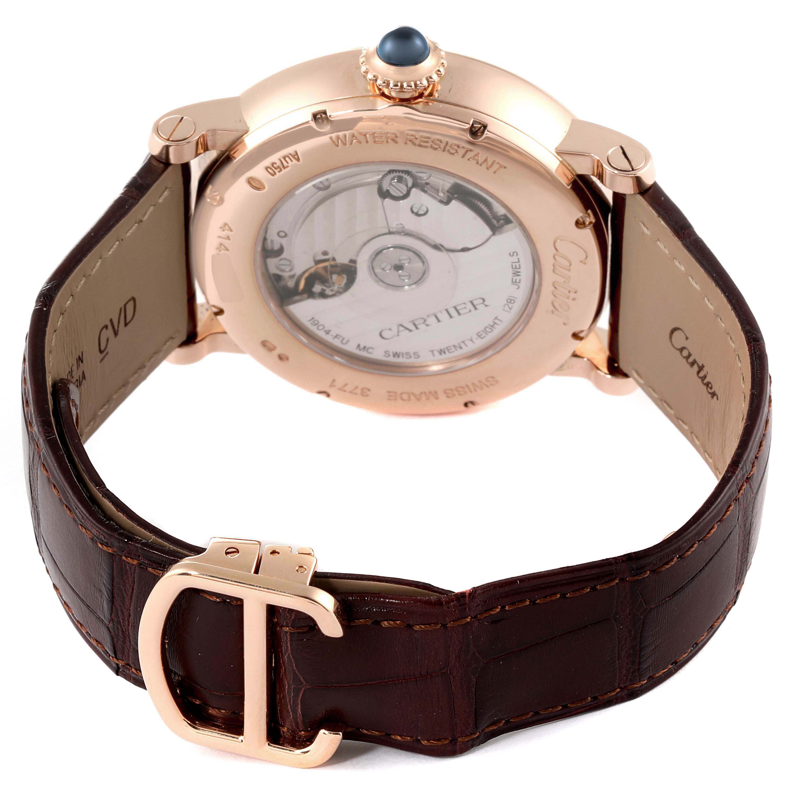 This image shows the back view of a Rotonde de Cartier watch, highlighting the case back and leather strap with a branded buckle.