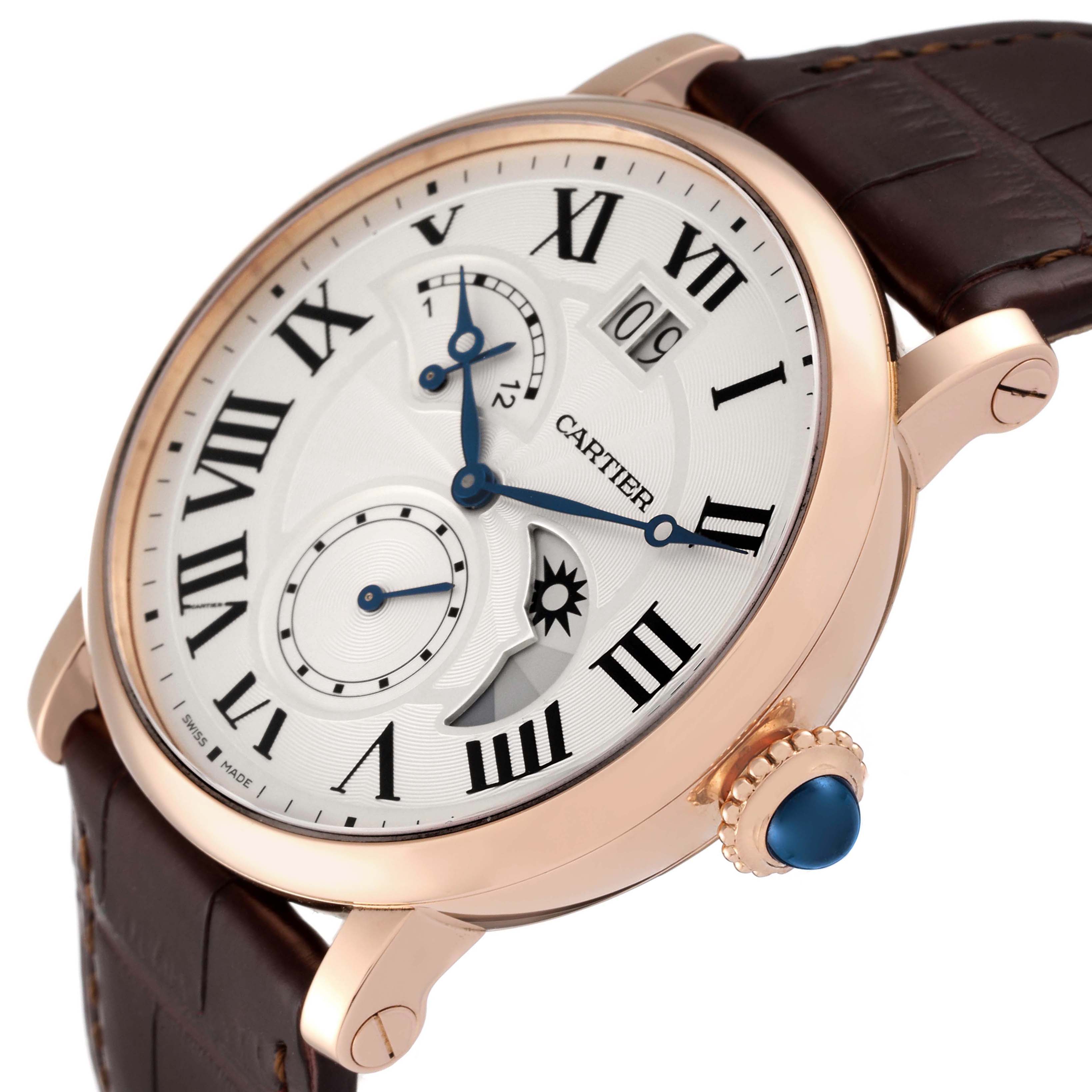 This image shows a Cartier Rotonde W1556240 Men's Rose Gold Silver Dial W1556240 Men's Rose Gold Silver Dial model watch at a slight angle, displaying the face, crown, and leather strap.