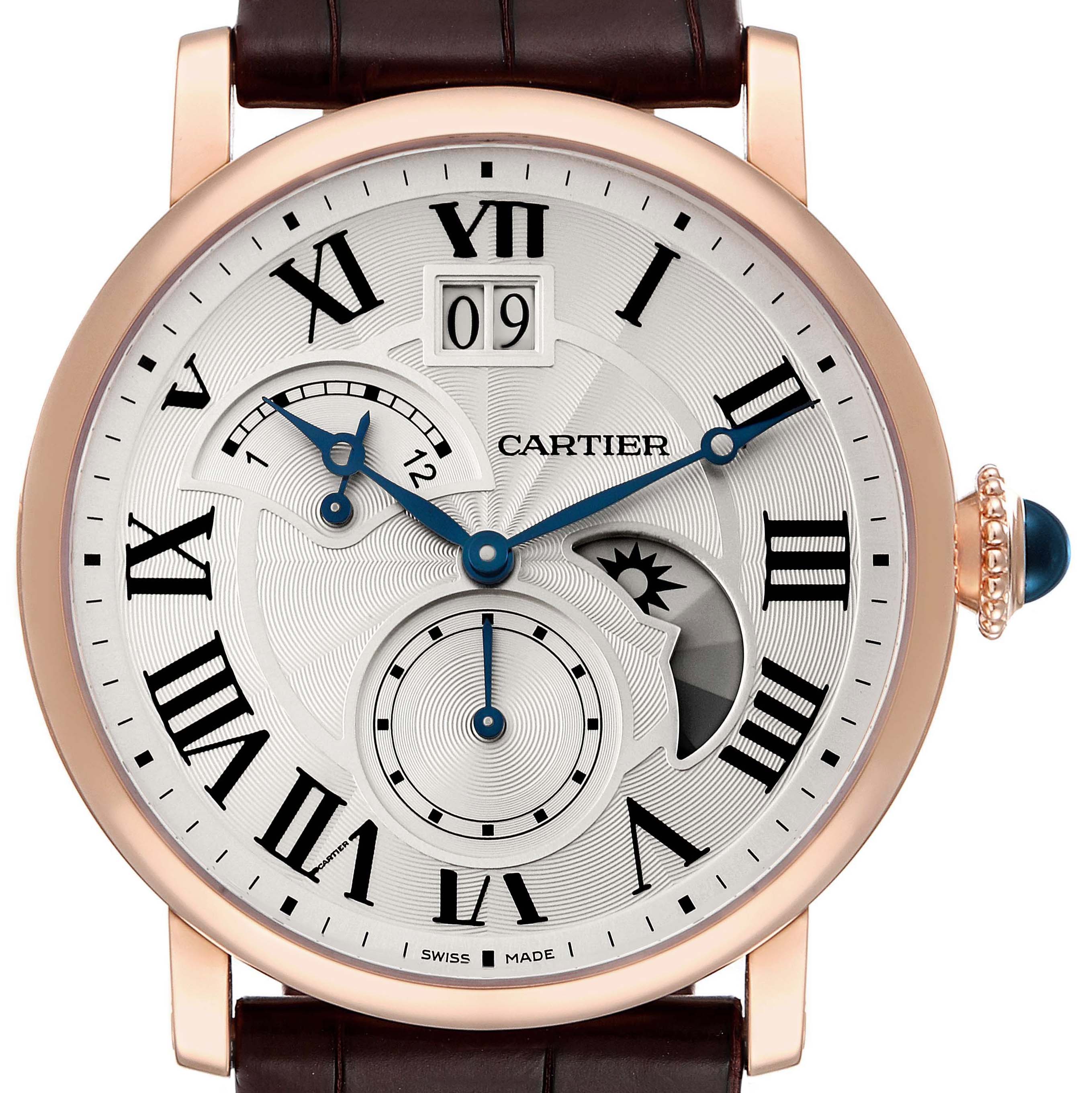 This image shows the front face of a Cartier Rotonde W1556240 Men's Rose Gold Silver Dial W1556240 Men's Rose Gold Silver Dial model watch, highlighting its dial and various complications.