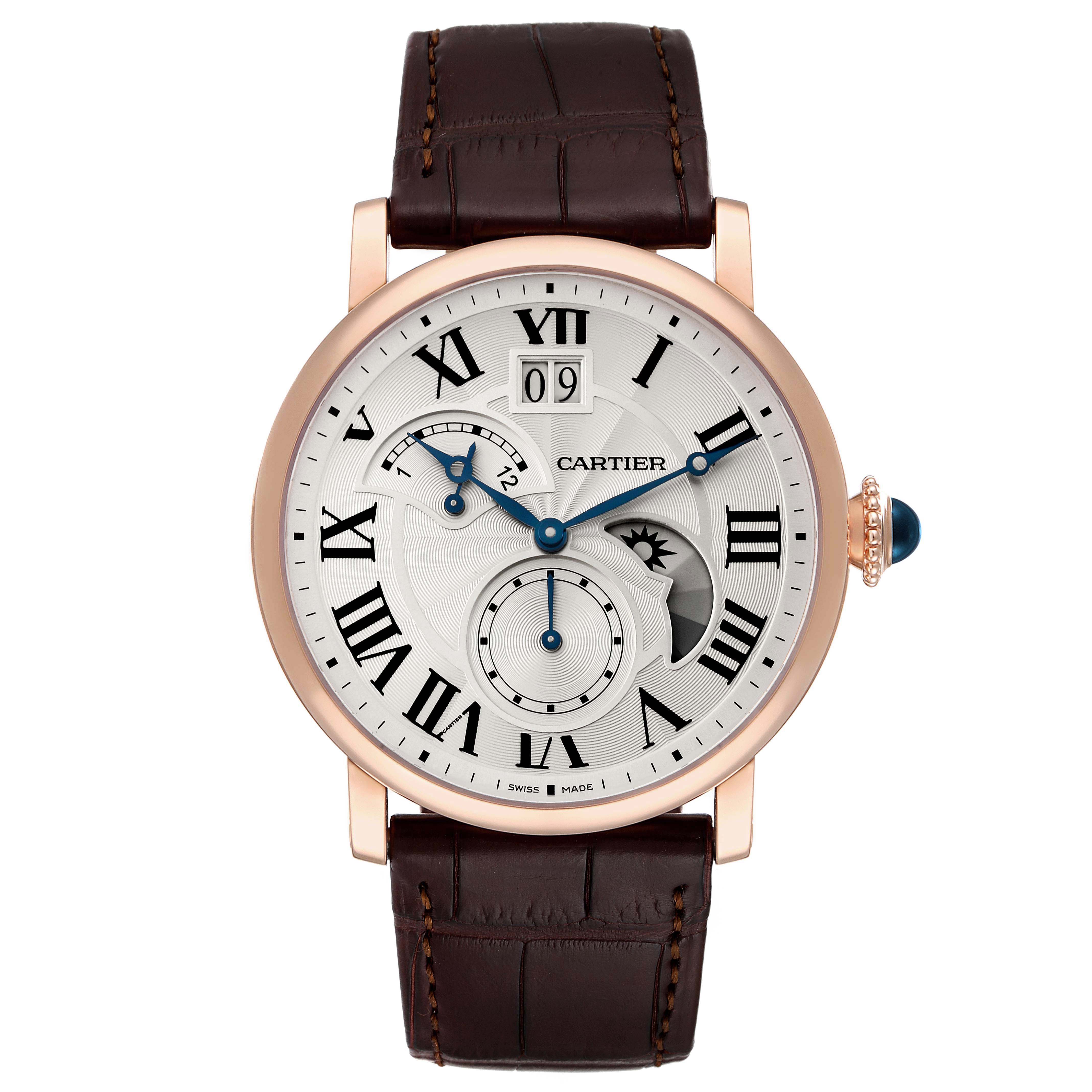 The image shows a front view of the Cartier Rotonde W1556240 Men's Rose Gold Silver Dial W1556240 Men's Rose Gold Silver Dial watch, highlighting its dial, hands, date window, and leather strap.