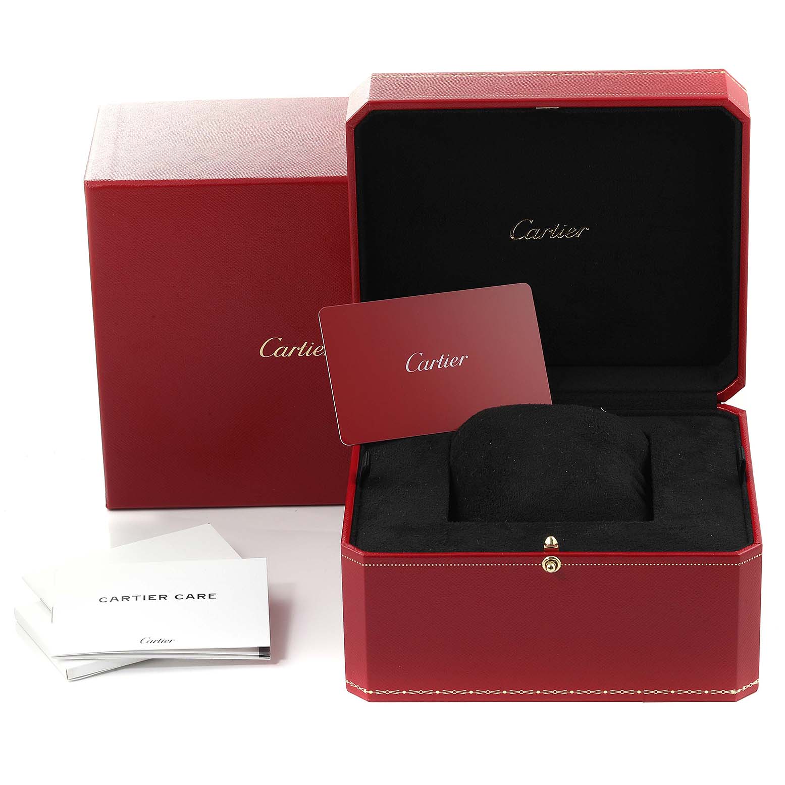 The image shows the open packaging, card, and care booklet for a Cartier Rotonde W1556240 Men's Rose Gold Silver Dial W1556240 Men's Rose Gold Silver Dial watch.