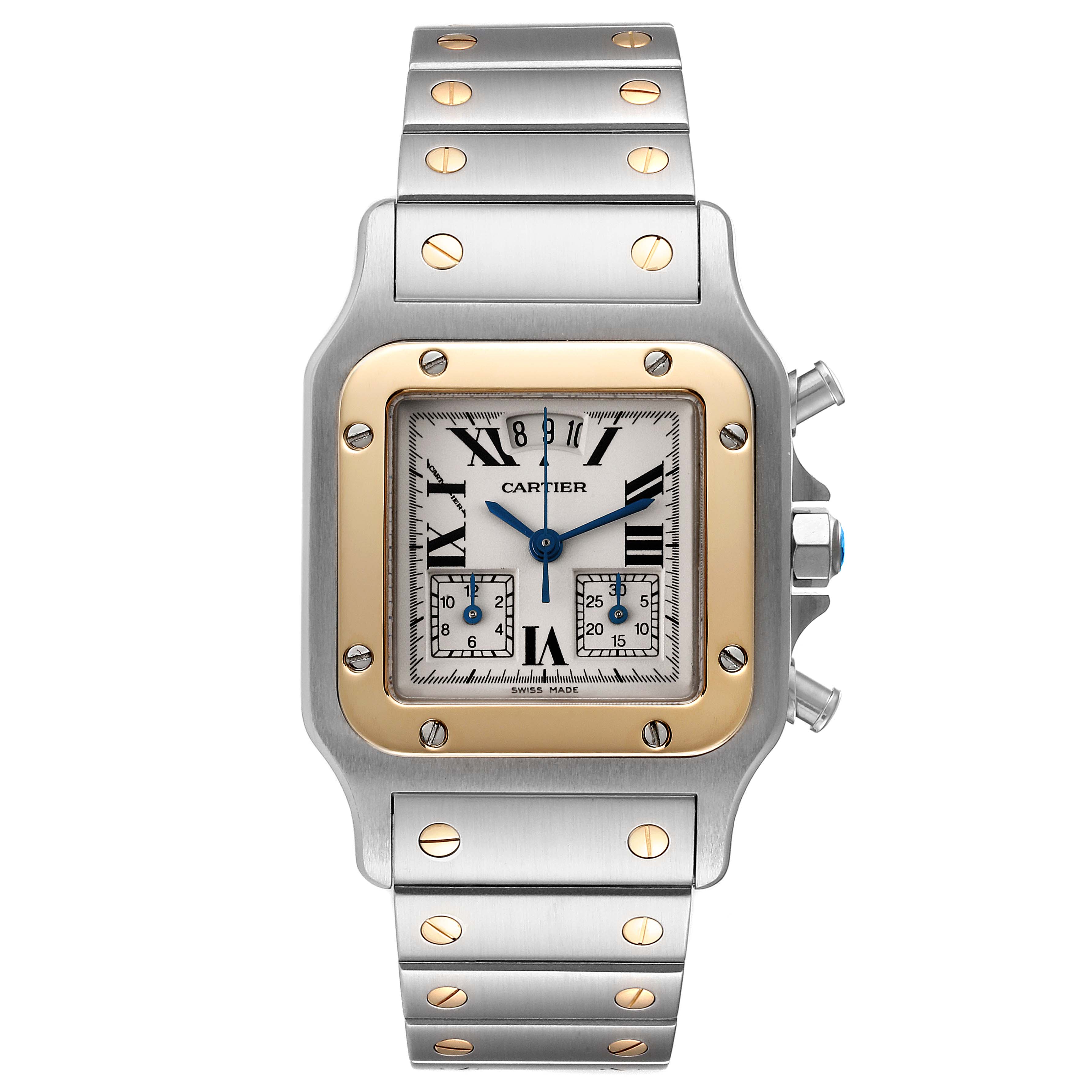 This image shows a front view of a Cartier Santos W20042C4 Men's Steel and Gold (two tone) Silver Dial W20042C4 Men's Steel and Gold (two tone) Silver Dial watch, highlighting its face, bezel, and band.