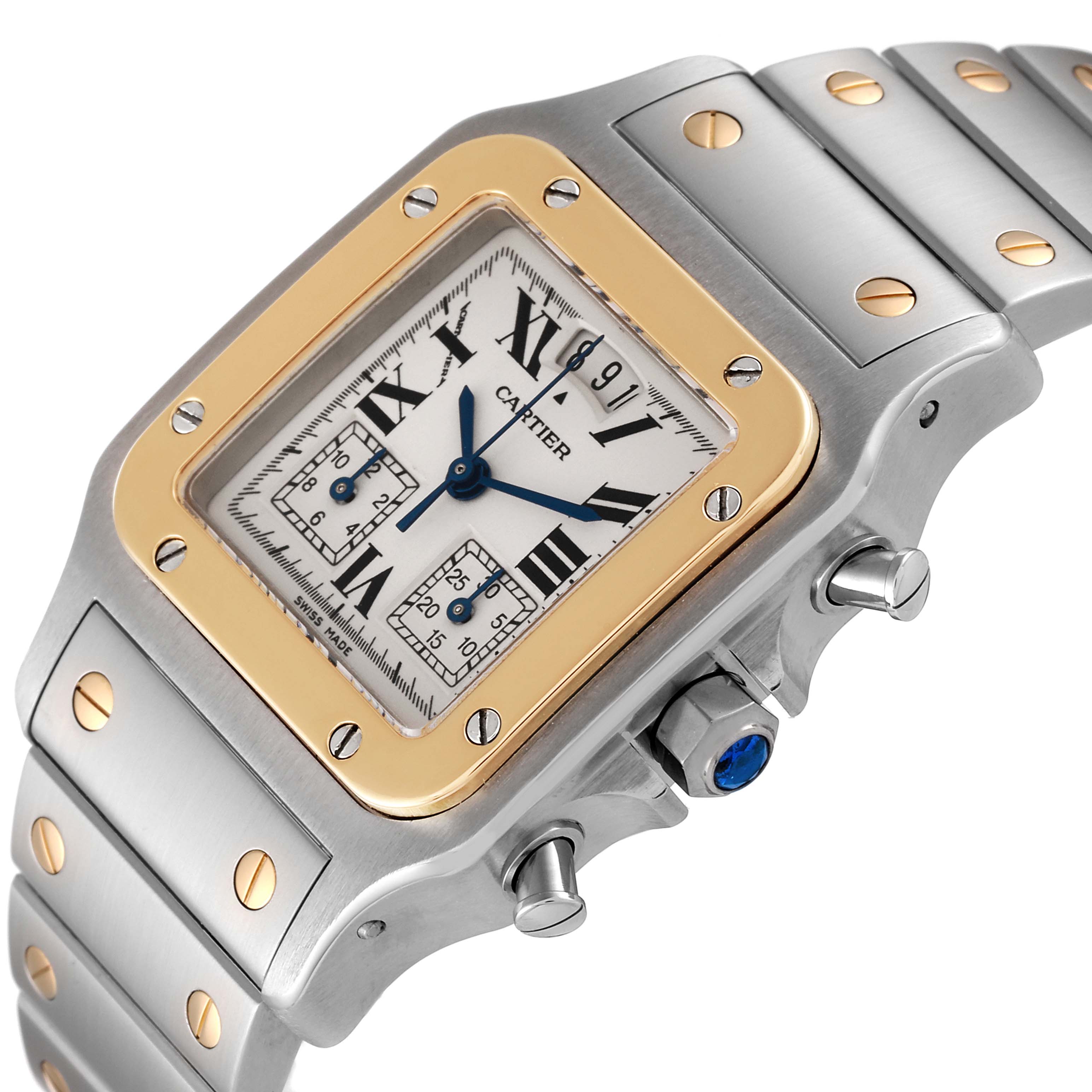 The Cartier Santos W20042C4 Men's Steel and Gold (two tone) Silver Dial W20042C4 Men's Steel and Gold (two tone) Silver Dial watch is shown at an angle, displaying the face, two-tone bezel, crown, and part of the stainless steel bracelet.