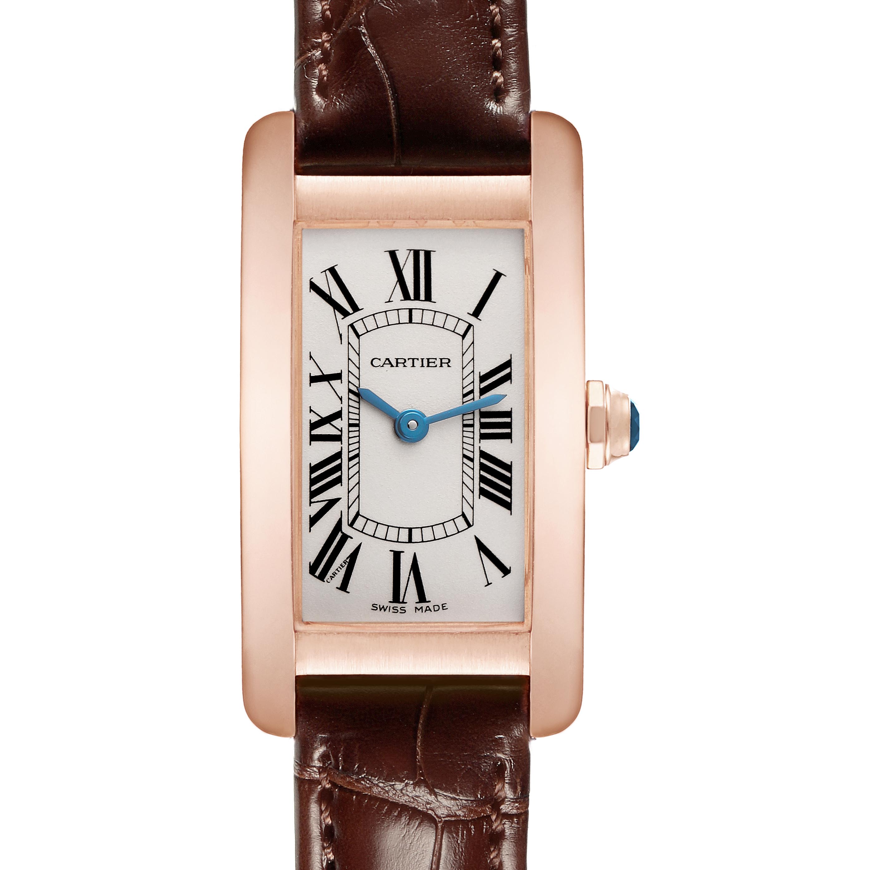 The Cartier Tank Américaine watch is shown from a front angle, displaying the face, brown leather strap, and side crown with a blue gemstone.