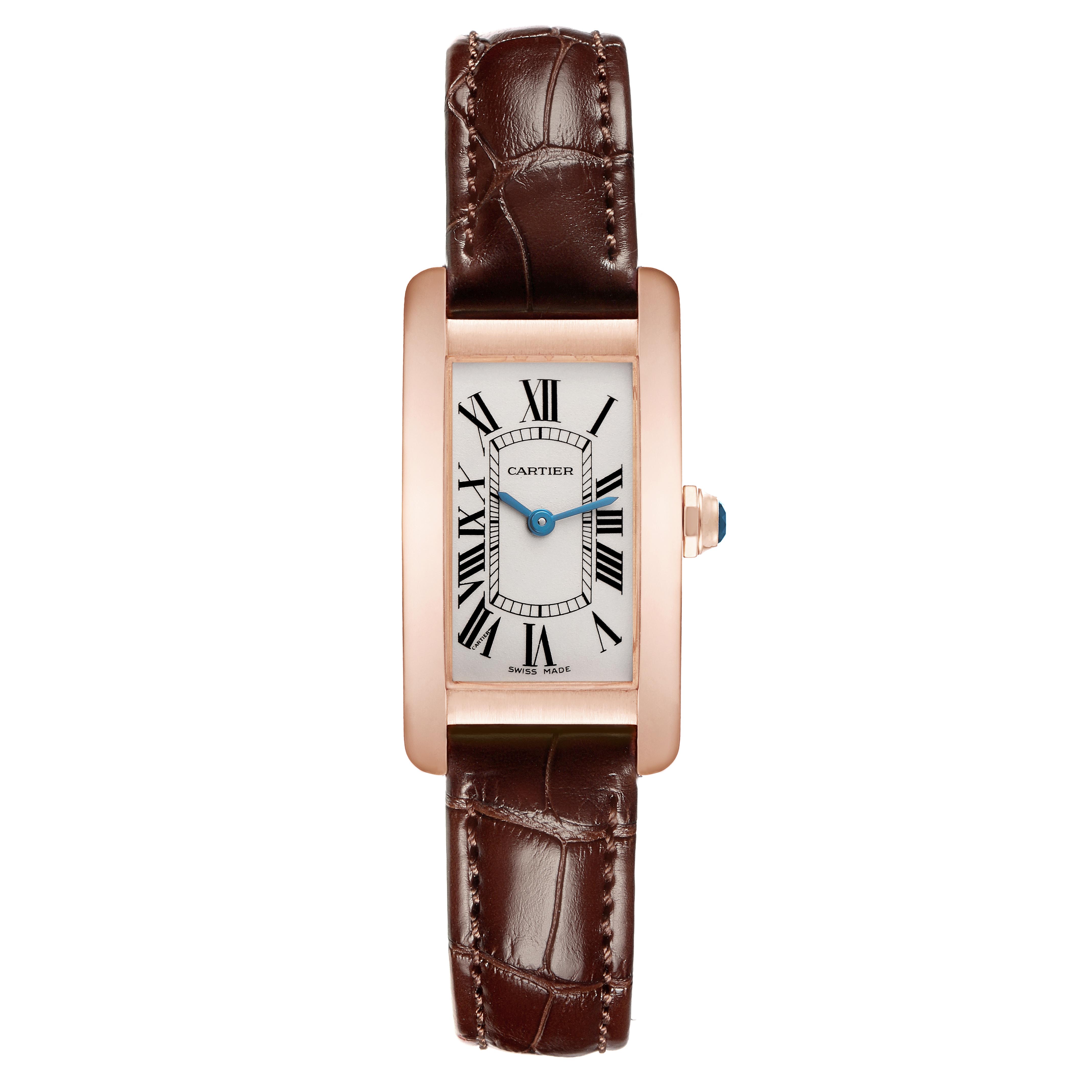 The Cartier Tank Americaine W2607456 Women's Rose Gold Silver Dial W2607456 Women's Rose Gold Silver Dial watch is shown from a top-down angle, featuring its rectangular face, Roman numerals, and brown leather strap.
