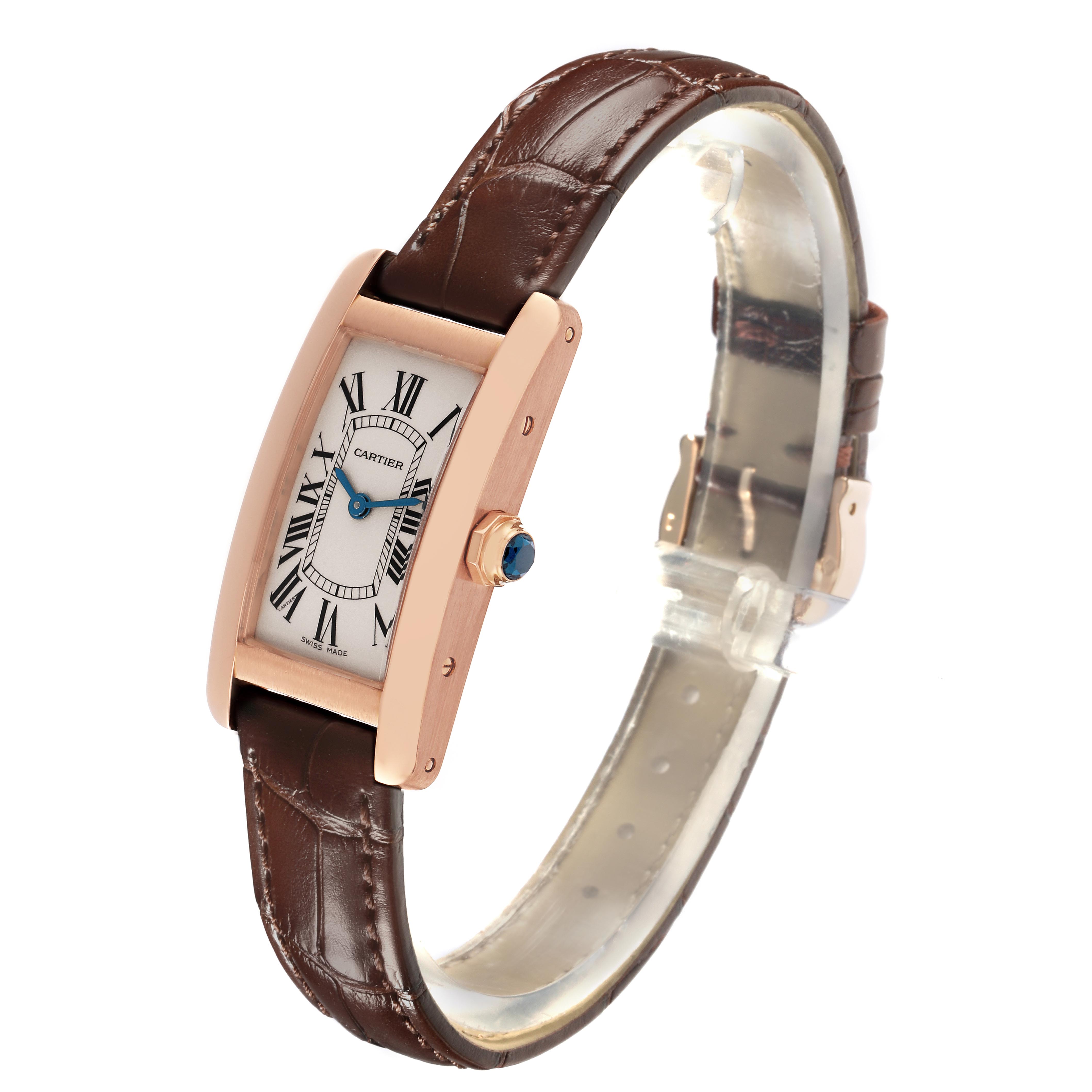The Cartier Tank Americaine W2607456 Women's Rose Gold Silver Dial W2607456 Women's Rose Gold Silver Dial watch is shown at a slight angle, highlighting the face, rectangular case, crown, and leather strap.