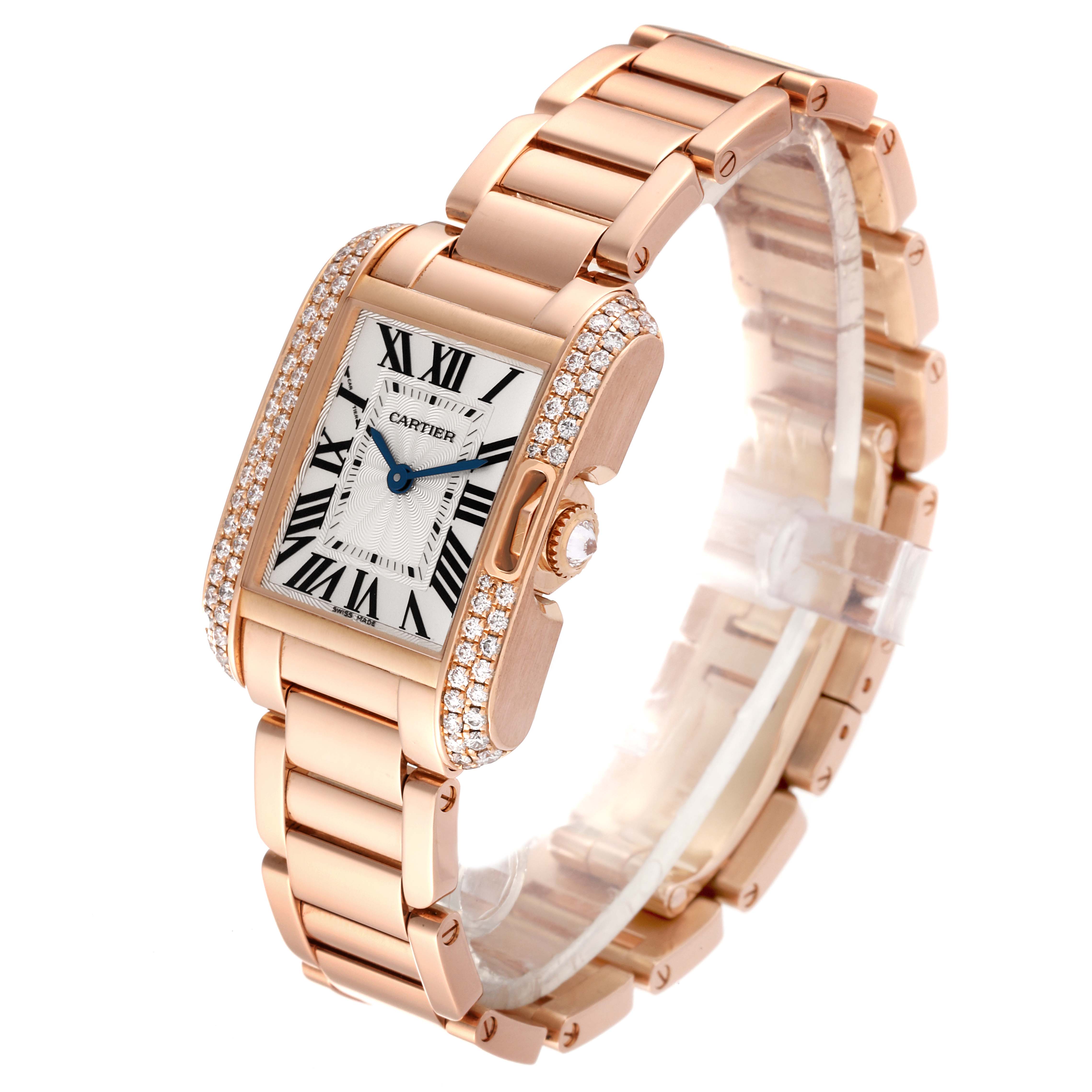 This image shows a Cartier Tank Anglaise WT100002 Women's Rose Gold Silver Dial WT100002 Women's Rose Gold Silver Dial watch photographed from a front-left angle, highlighting its face and bracelet.