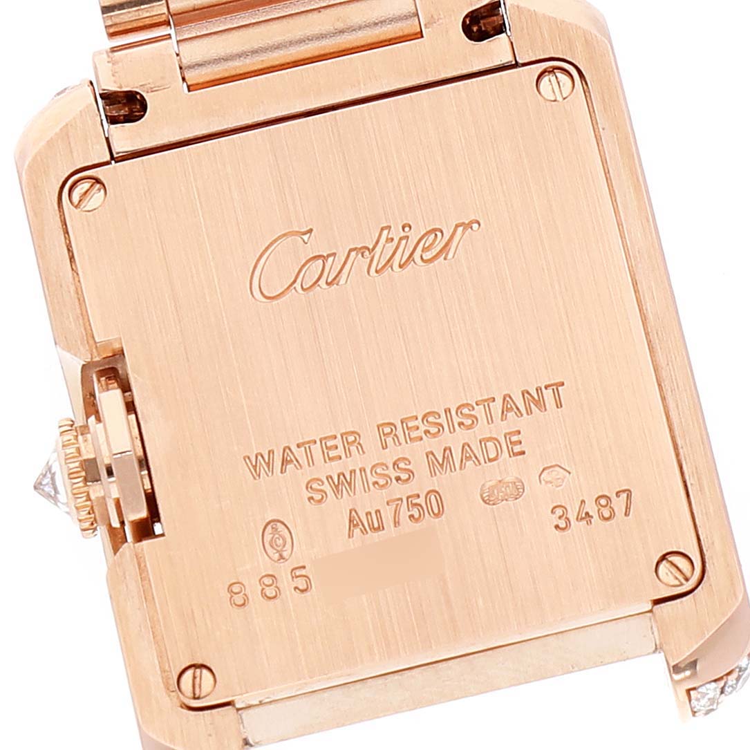 This image shows the back case of a Cartier Tank Anglaise WT100002 Women's Rose Gold Silver Dial WT100002 Women's Rose Gold Silver Dial watch, highlighting the engravings and crown.