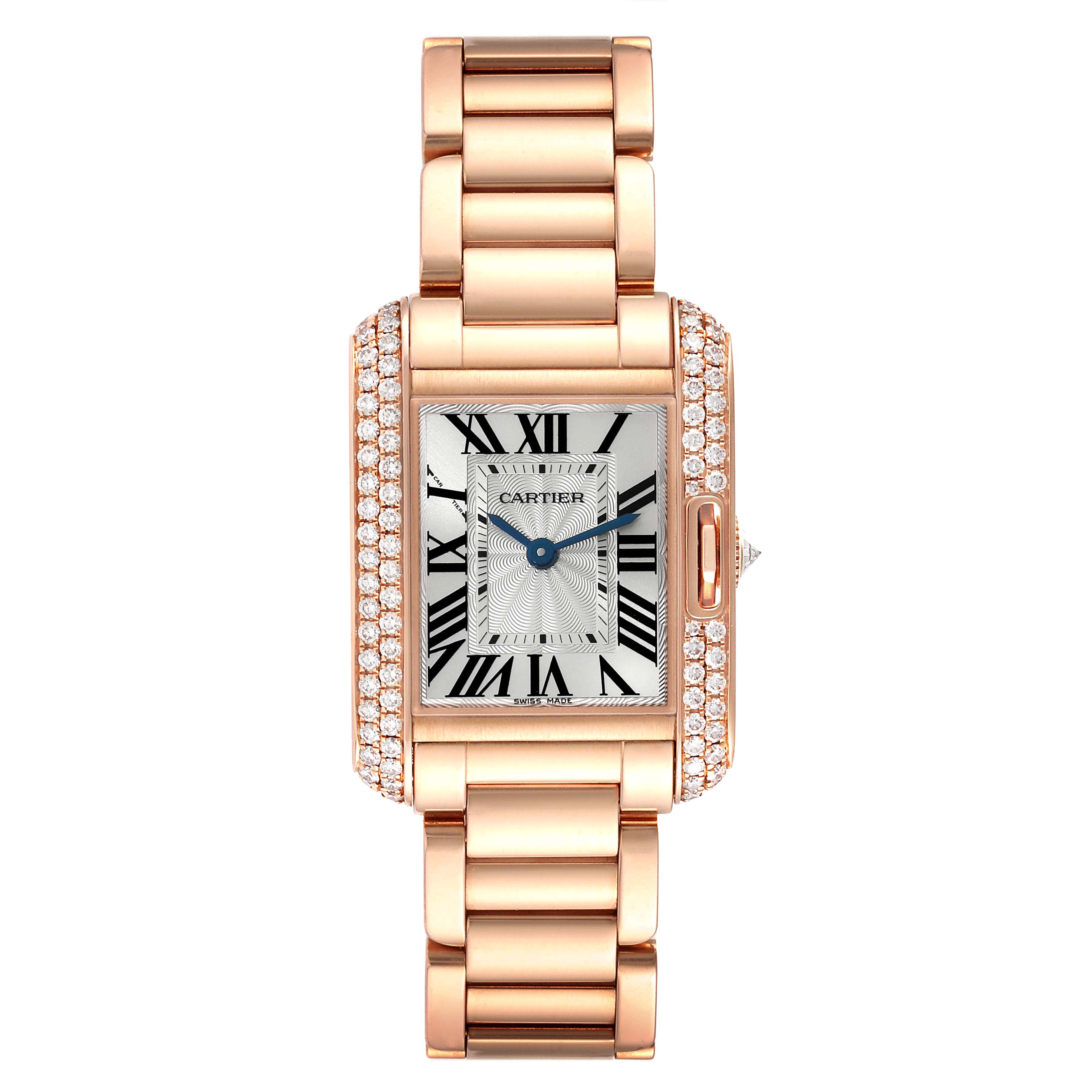 The Cartier Tank Anglaise WT100002 Women's Rose Gold Silver Dial WT100002 Women's Rose Gold Silver Dial watch is shown from a top-down angle, displaying its rectangular face, bracelet, and diamond accents.