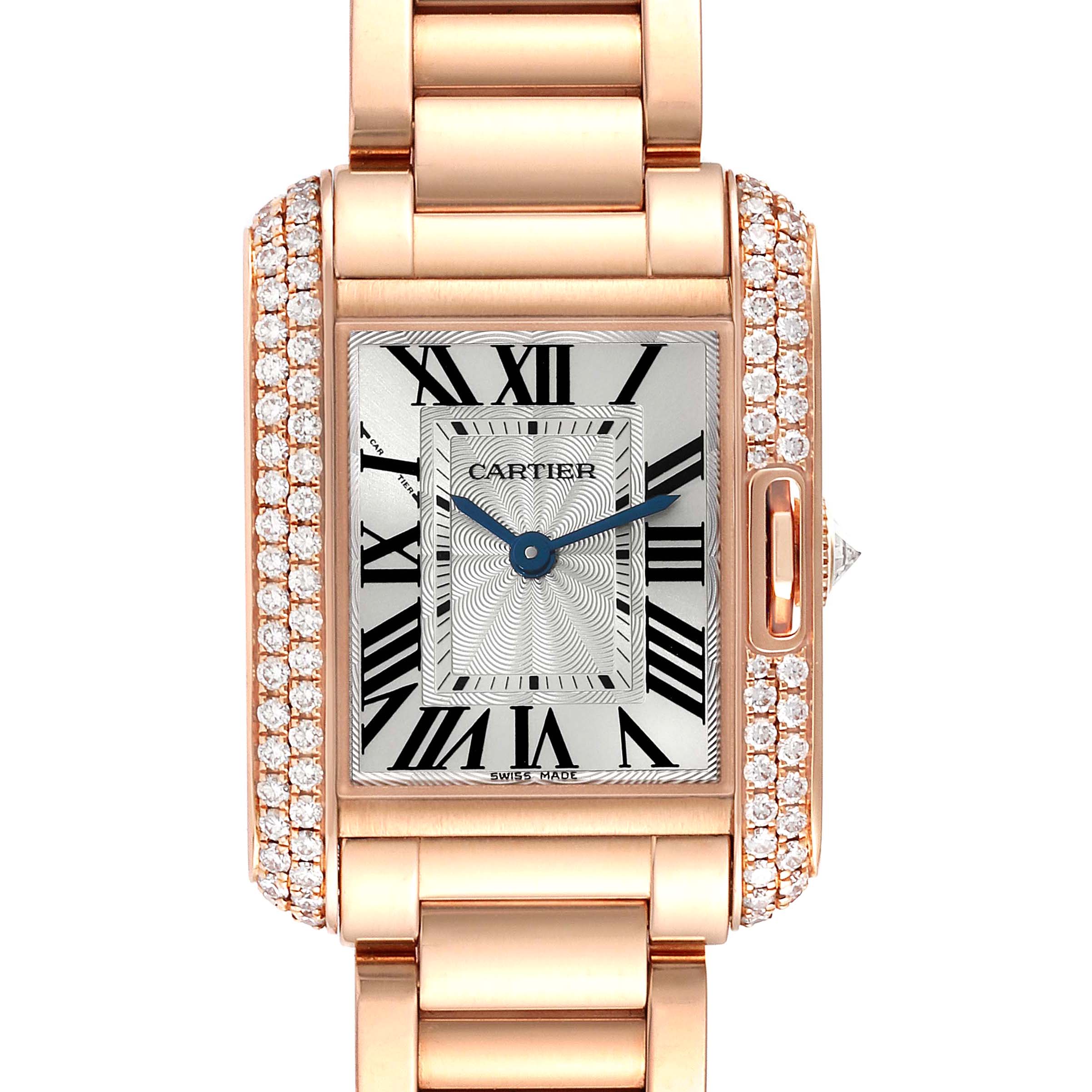 The image shows a front view of the Cartier Tank Anglaise WT100002 Women's Rose Gold Silver Dial WT100002 Women's Rose Gold Silver Dial watch, highlighting the dial, bracelet, and diamond-encrusted bezel.
