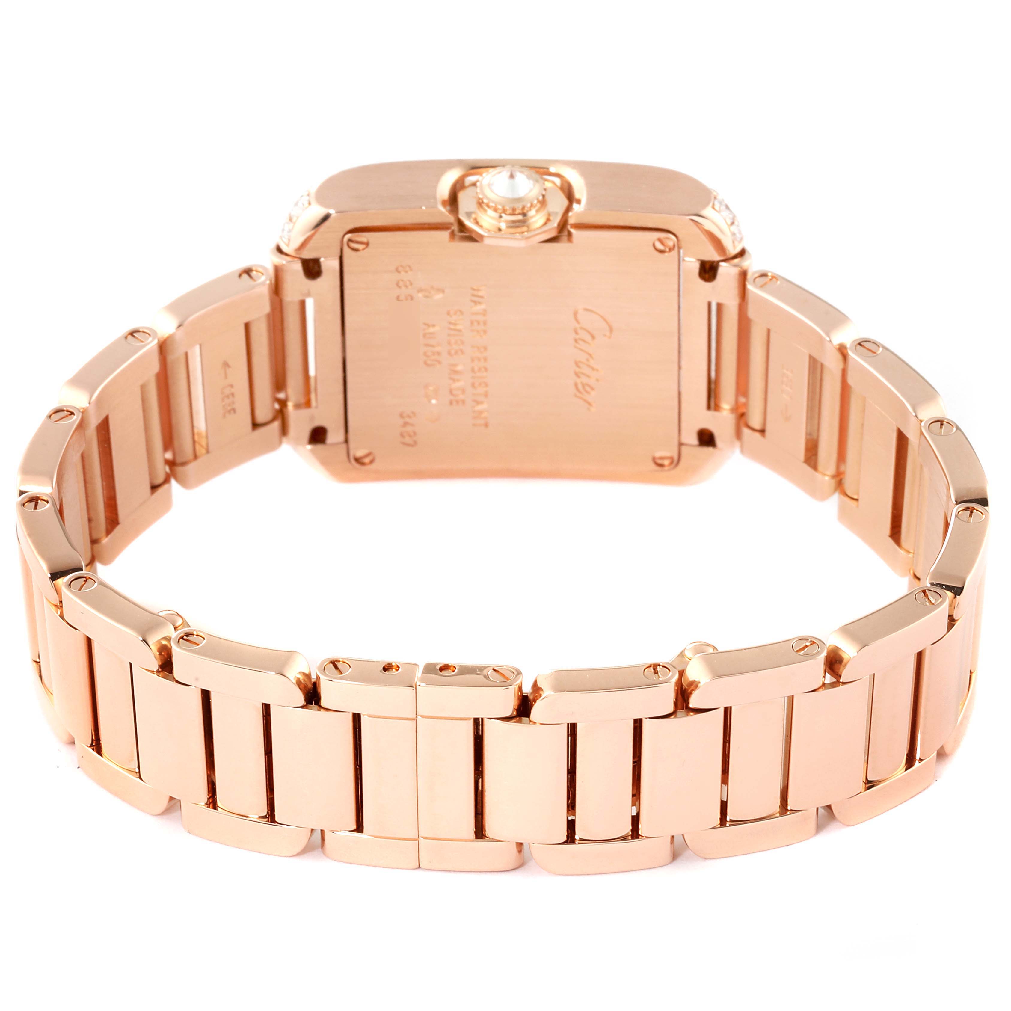 This image shows the back case and bracelet of the Cartier Tank Anglaise WT100002 Women's Rose Gold Silver Dial WT100002 Women's Rose Gold Silver Dial watch, angled to highlight the watch's clasp and links.