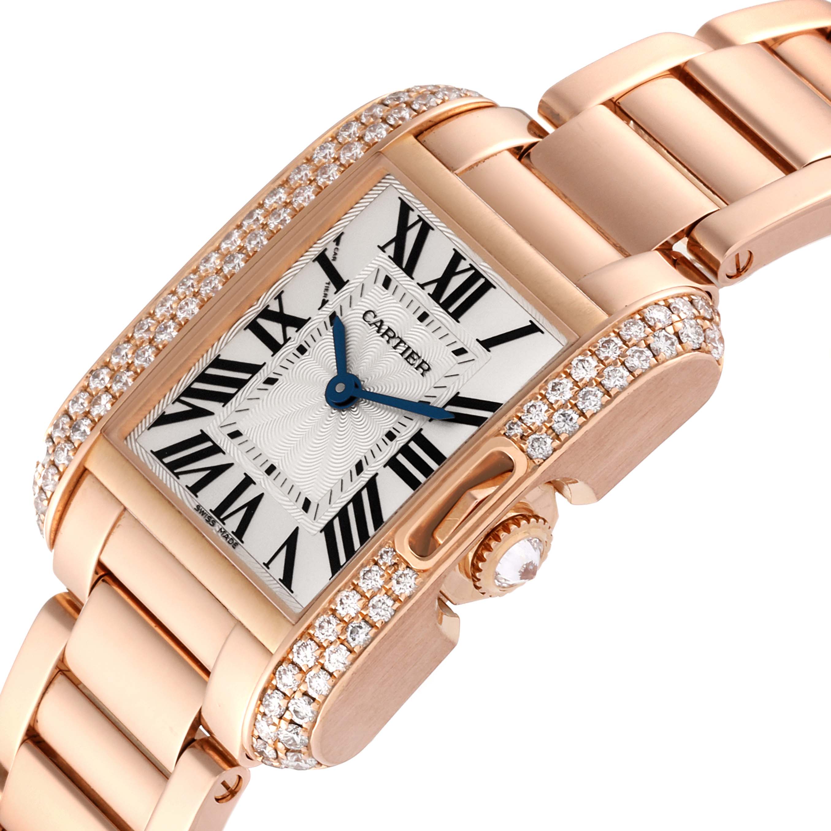This image shows a close-up angle of the Cartier Tank Anglaise WT100002 Women's Rose Gold Silver Dial WT100002 Women's Rose Gold Silver Dial watch, highlighting the face, bezel, and part of the bracelet.