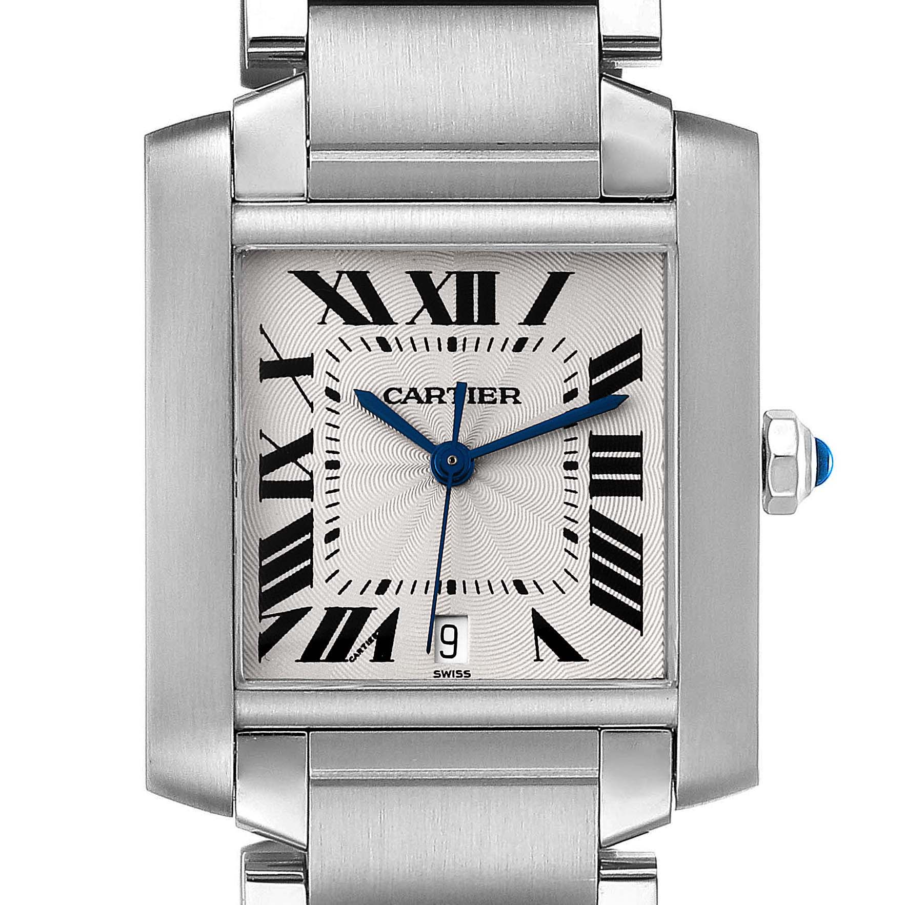 The image shows a straight-on view of the dial, case, and part of the bracelet of the Cartier Tank Française watch.
