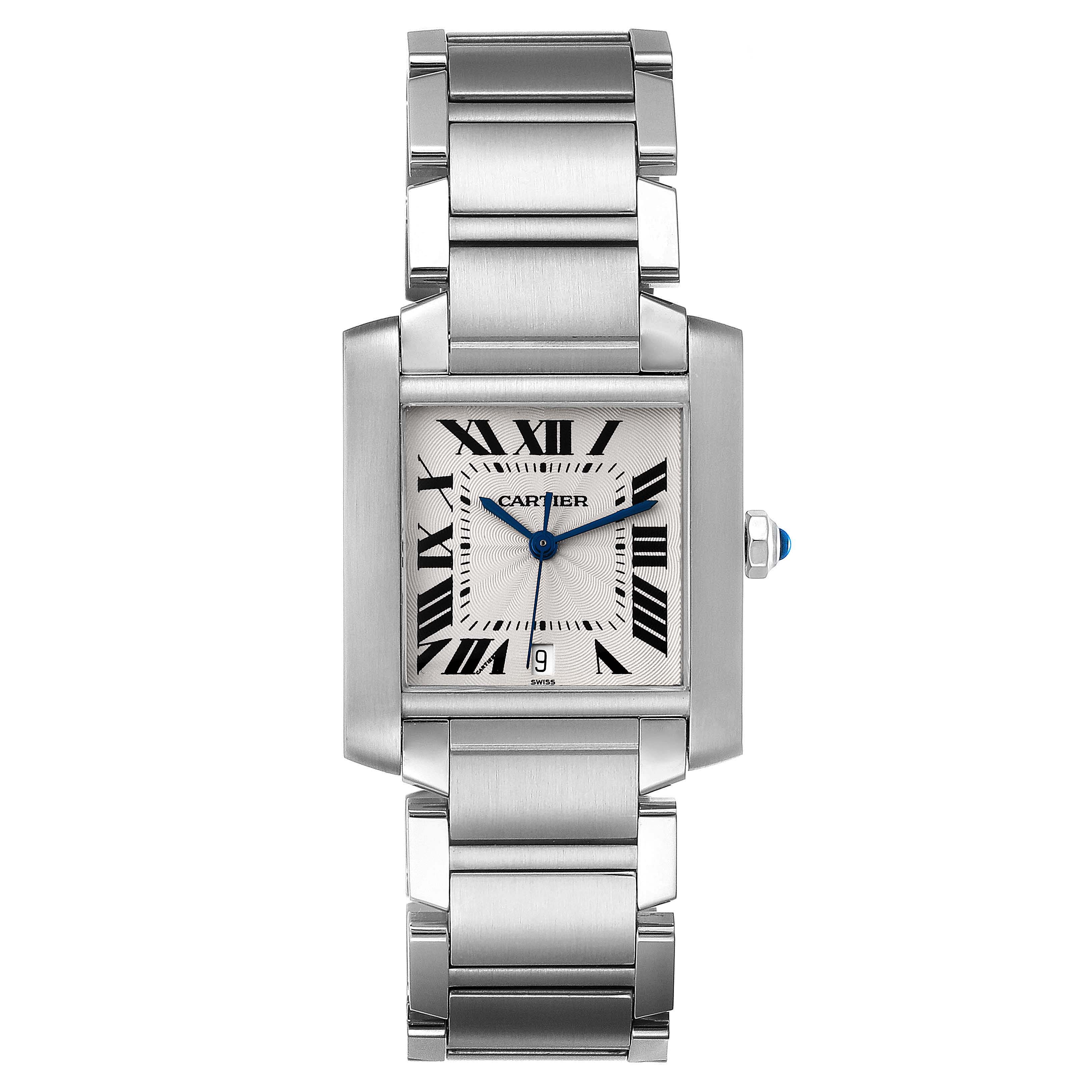 The Cartier Tank Française watch is shown from a front view, highlighting its rectangular face, Roman numerals, and metal bracelet.