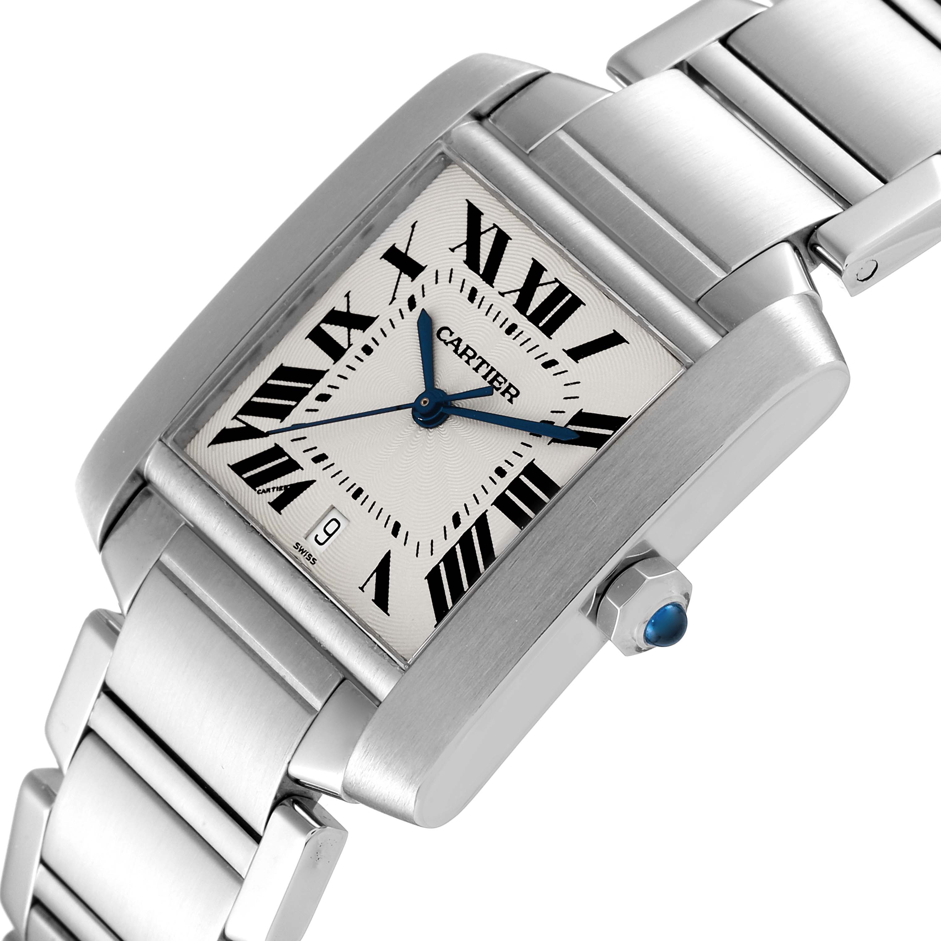 The Cartier Tank Francaise W51002Q3 Men's Stainless Steel Silver Dial W51002Q3 Men's Stainless Steel Silver Dial watch is shown from a front angle, highlighting its face and a portion of its metal bracelet.