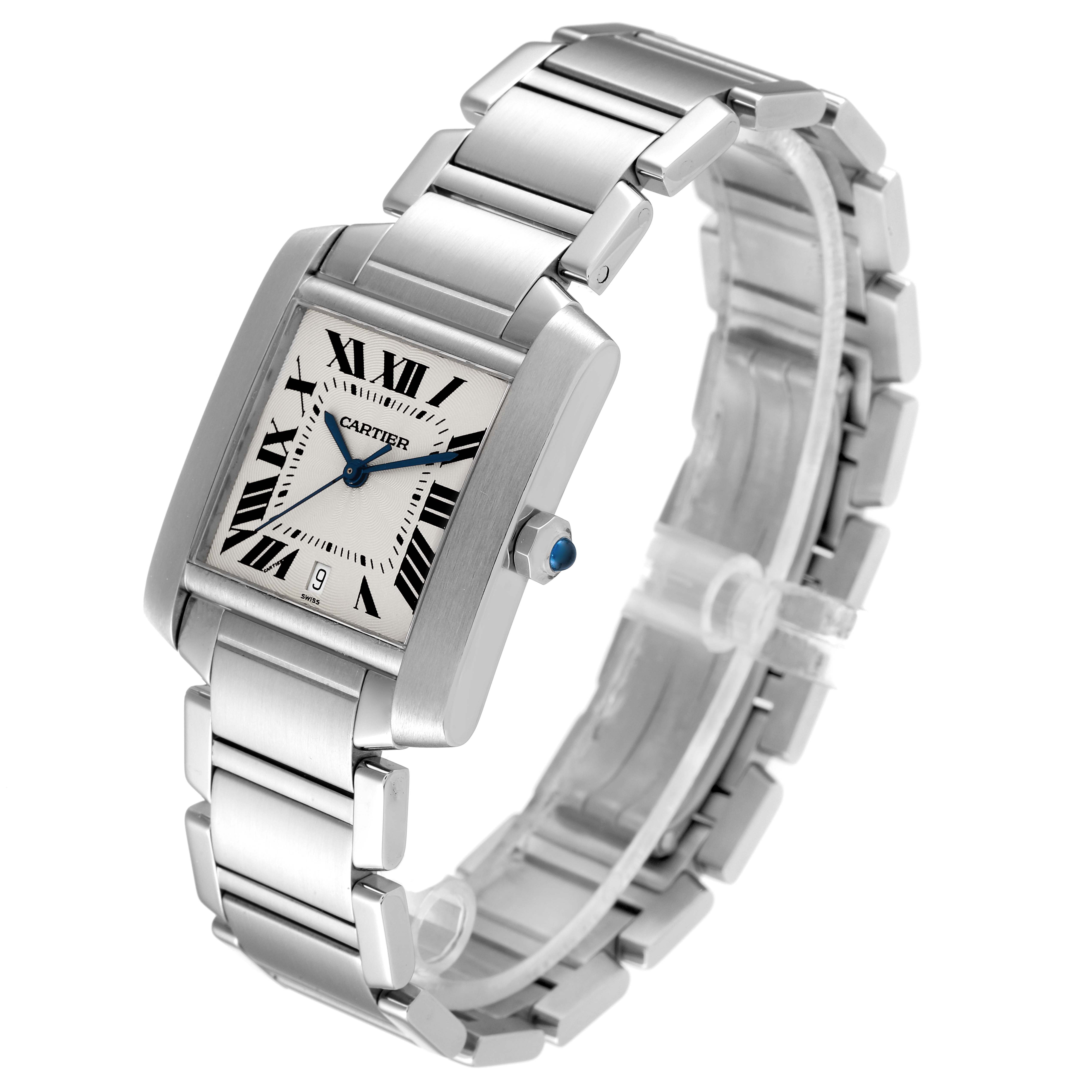 The Cartier Tank Francaise W51002Q3 Men's Stainless Steel Silver Dial W51002Q3 Men's Stainless Steel Silver Dial watch is shown angled slightly from the front, displaying the dial, bracelet, and part of the crown.