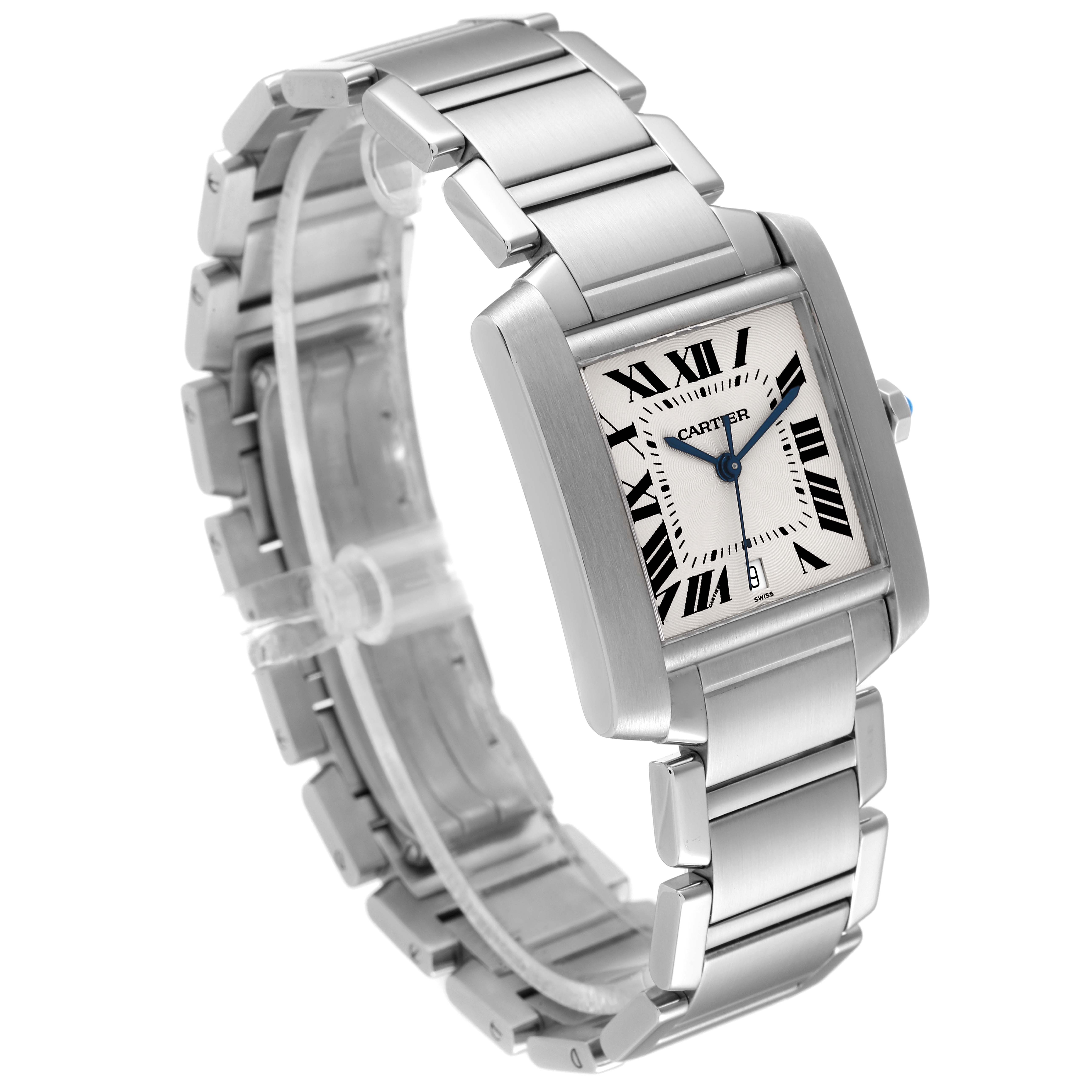 The image shows a side angle of the Cartier Tank Francaise W51002Q3 Men's Stainless Steel Silver Dial W51002Q3 Men's Stainless Steel Silver Dial watch, featuring its bracelet and rectangular dial.
