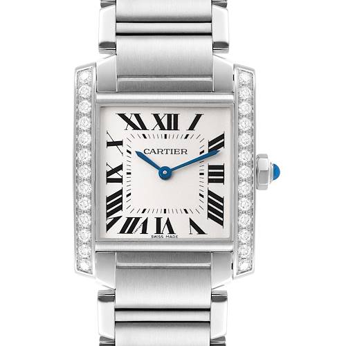 The Cartier Tank Française watch is shown from the front, highlighting its dial, Roman numerals, diamond-set case, and metal bracelet.