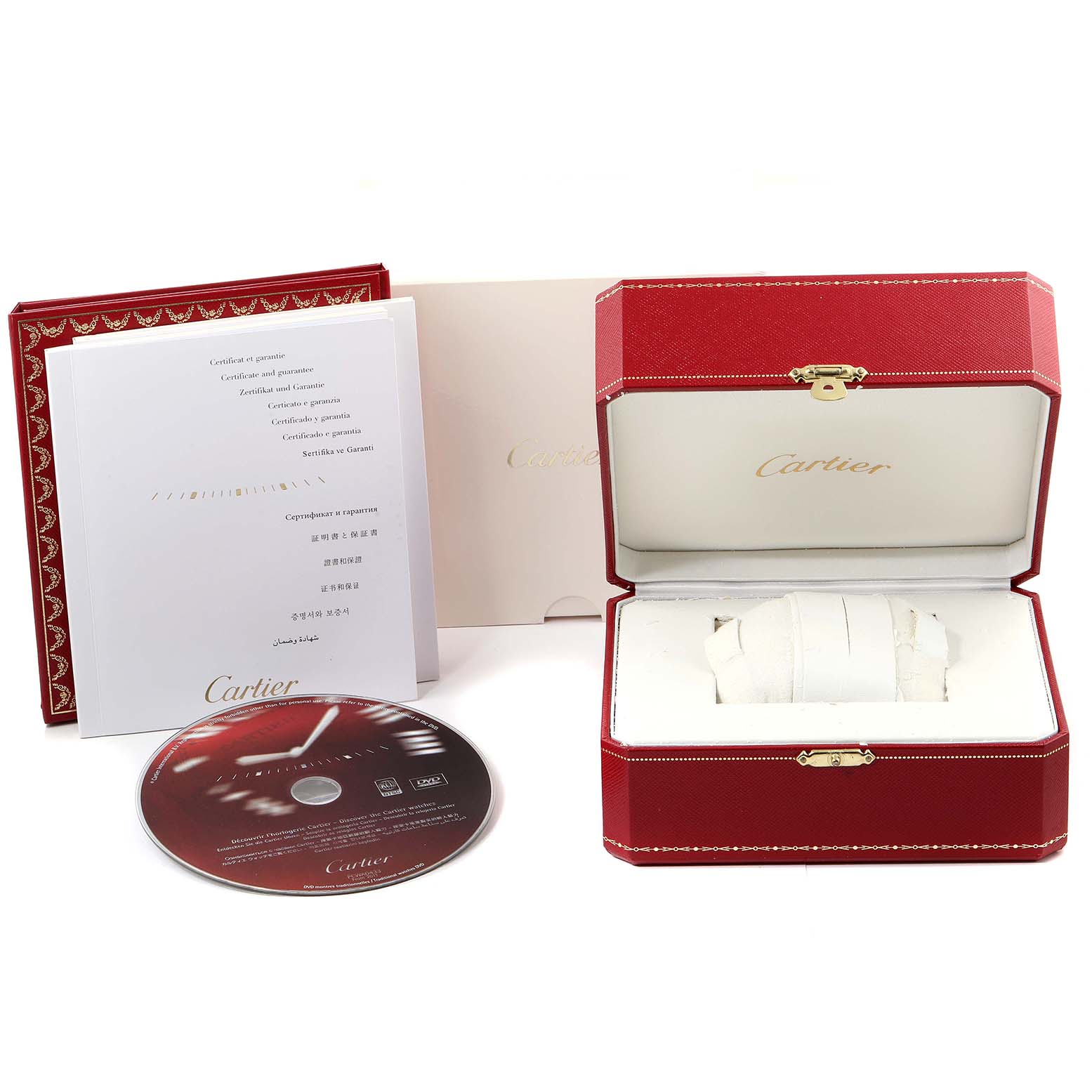 The image shows the box, cushion, manual, and a CD for the Cartier Tank Francaise W51028Q3 Women's Stainless Steel Mother of Pearl Dial W51028Q3 Women's Stainless Steel Mother of Pearl Dial watch.