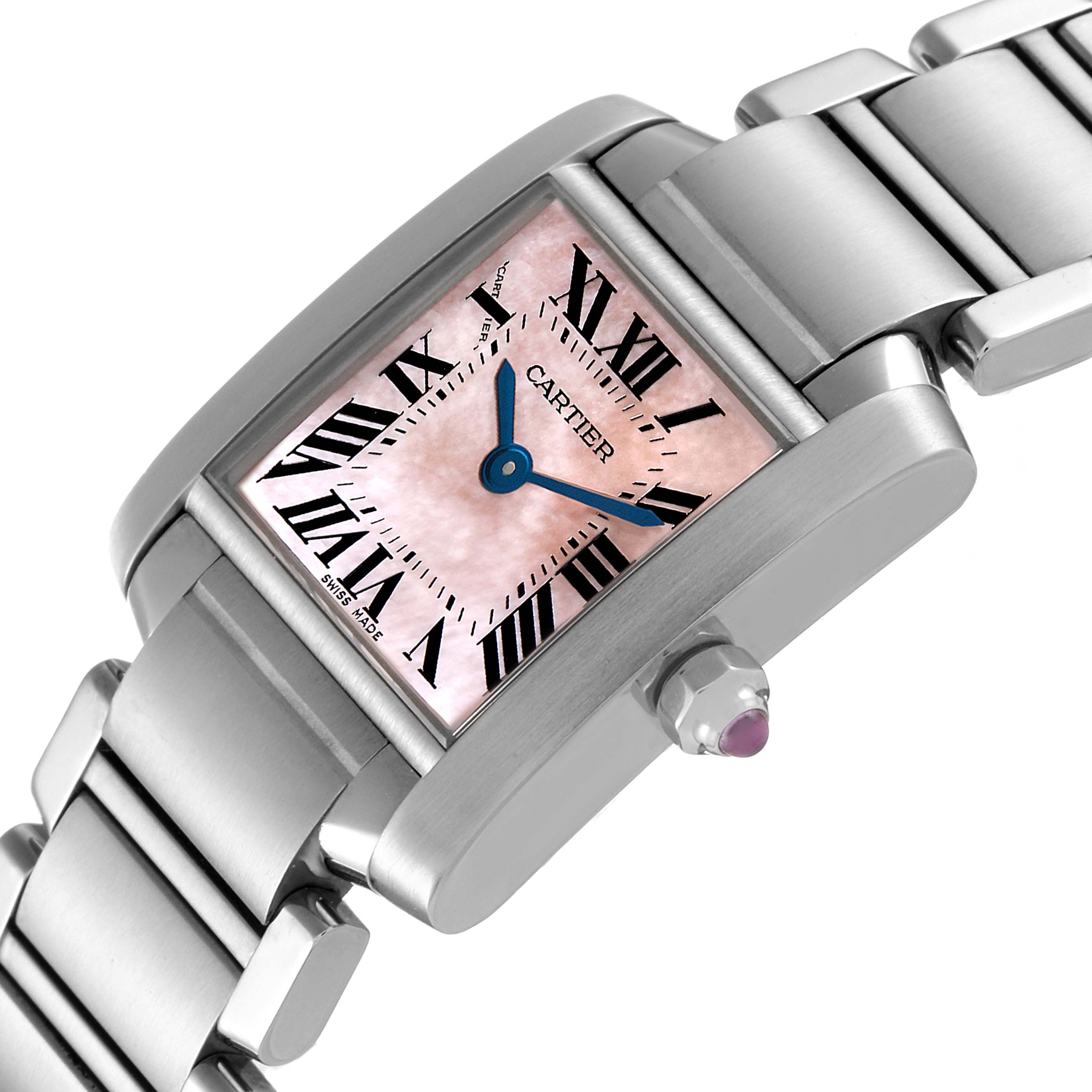 The image shows a close-up angle of the Cartier Tank Francaise W51028Q3 Women's Stainless Steel Mother of Pearl Dial W51028Q3 Women's Stainless Steel Mother of Pearl Dial's dial, crown, and partial bracelet.