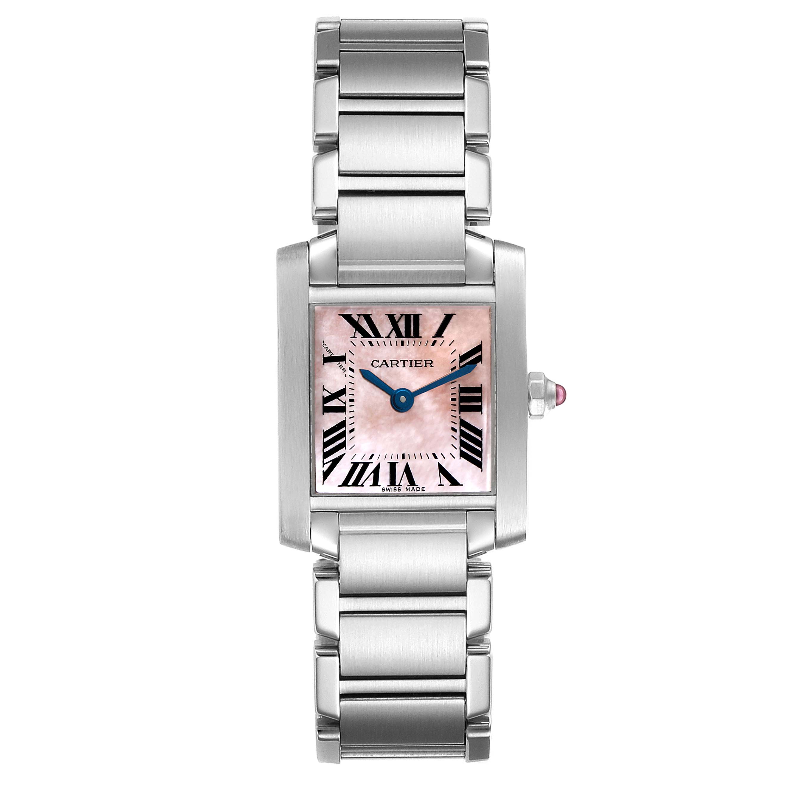 The image shows a head-on view of the Cartier Tank Francaise W51028Q3 Women's Stainless Steel Mother of Pearl Dial W51028Q3 Women's Stainless Steel Mother of Pearl Dial watch displaying the face, bezel, and bracelet.