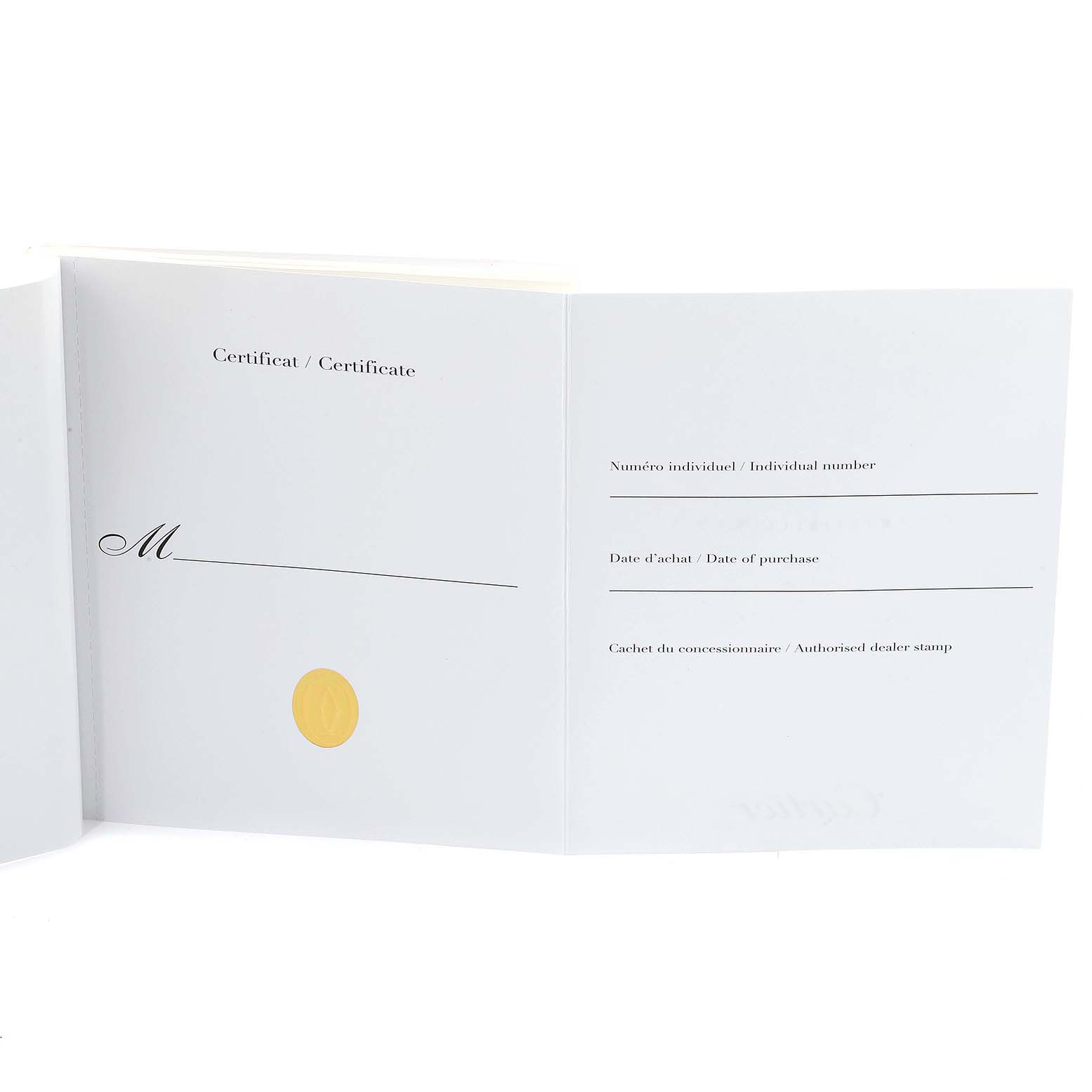 The image shows an open warranty card or certificate booklet for the Cartier Tank Française watch.