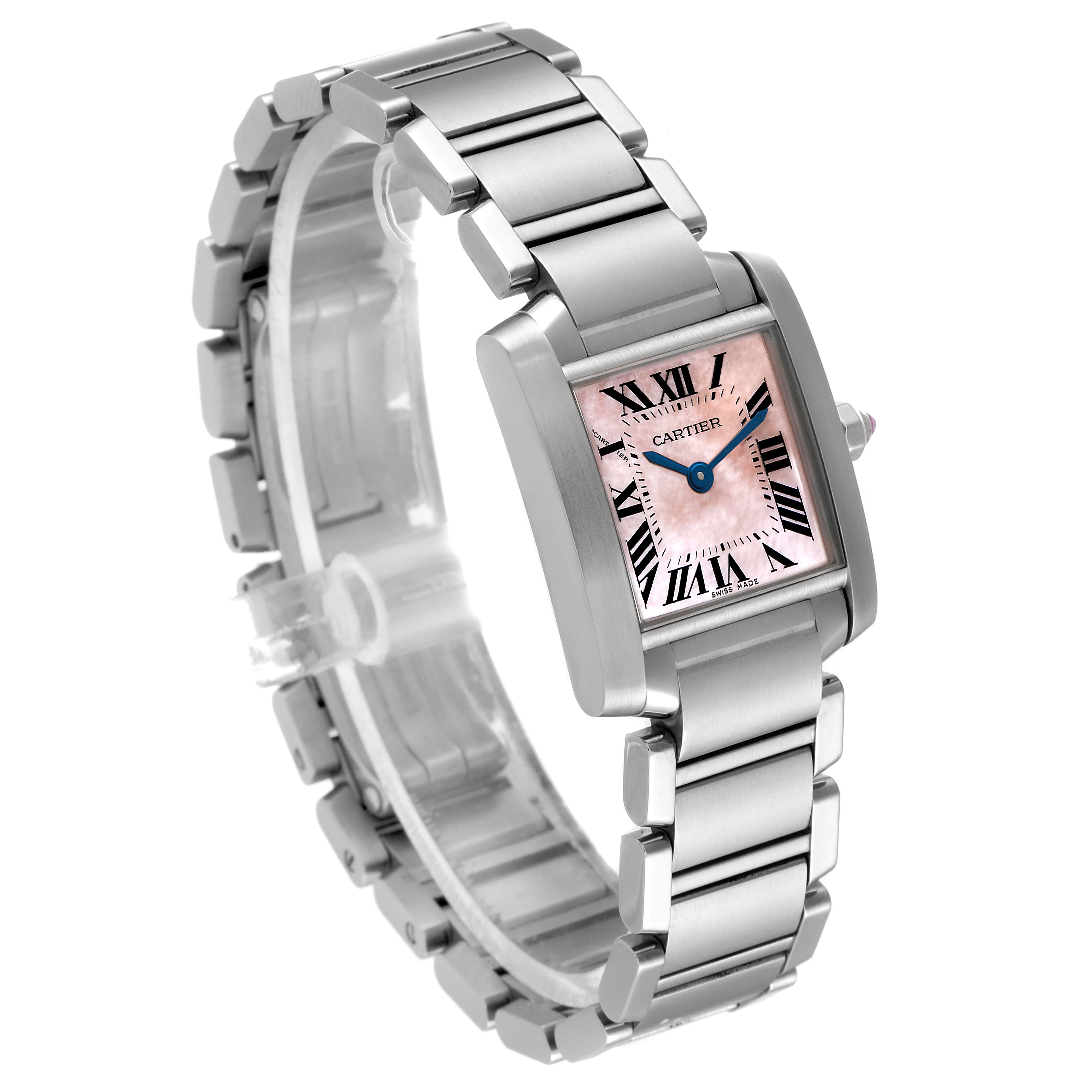 The Cartier Tank Francaise W51028Q3 Women's Stainless Steel Mother of Pearl Dial W51028Q3 Women's Stainless Steel Mother of Pearl Dial watch is shown at a slightly angled side view, displaying its stainless steel bracelet and pink Roman numeral dial.