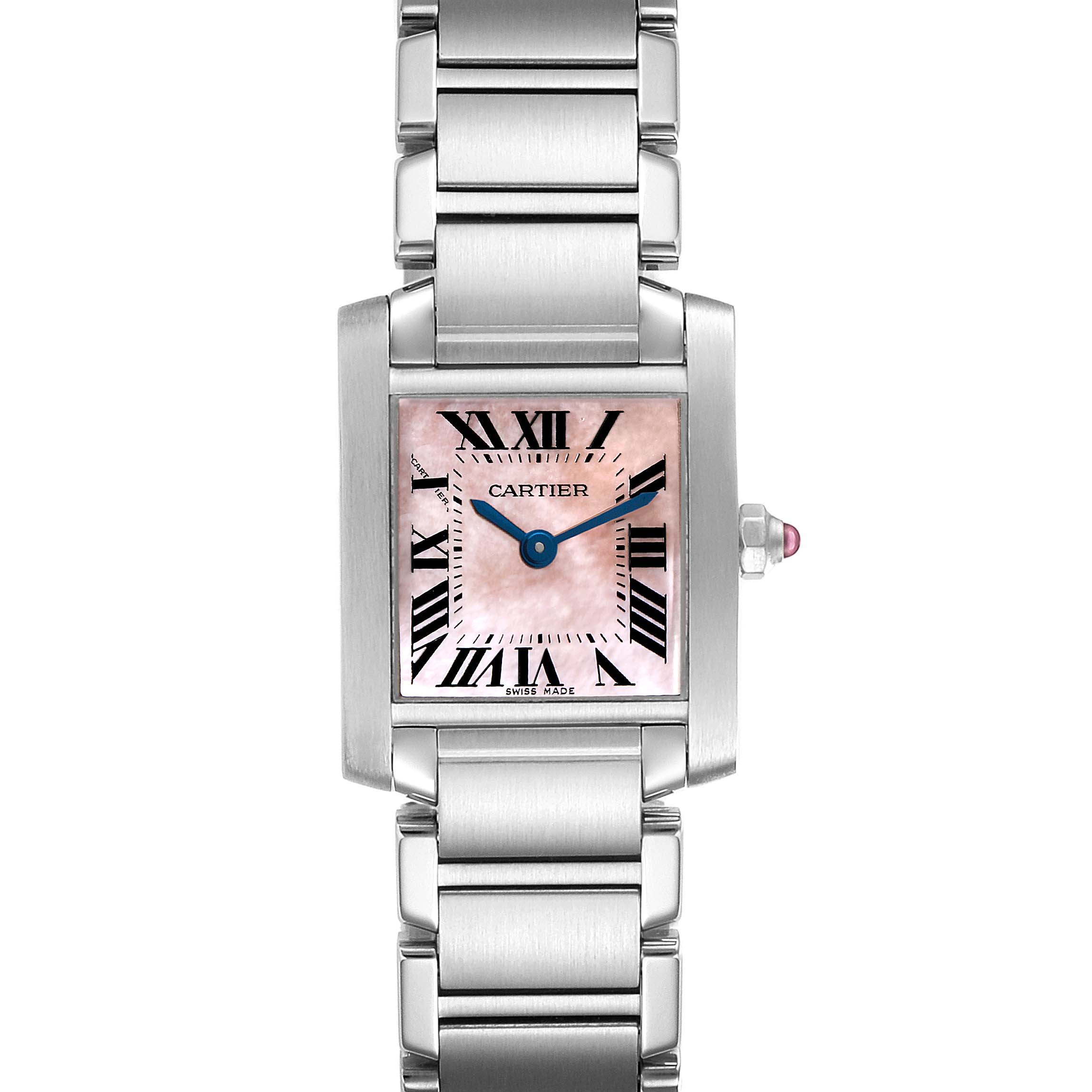This is a front view of the Cartier Tank Française watch, showcasing its rectangular case, Roman numeral dial, and metal bracelet.