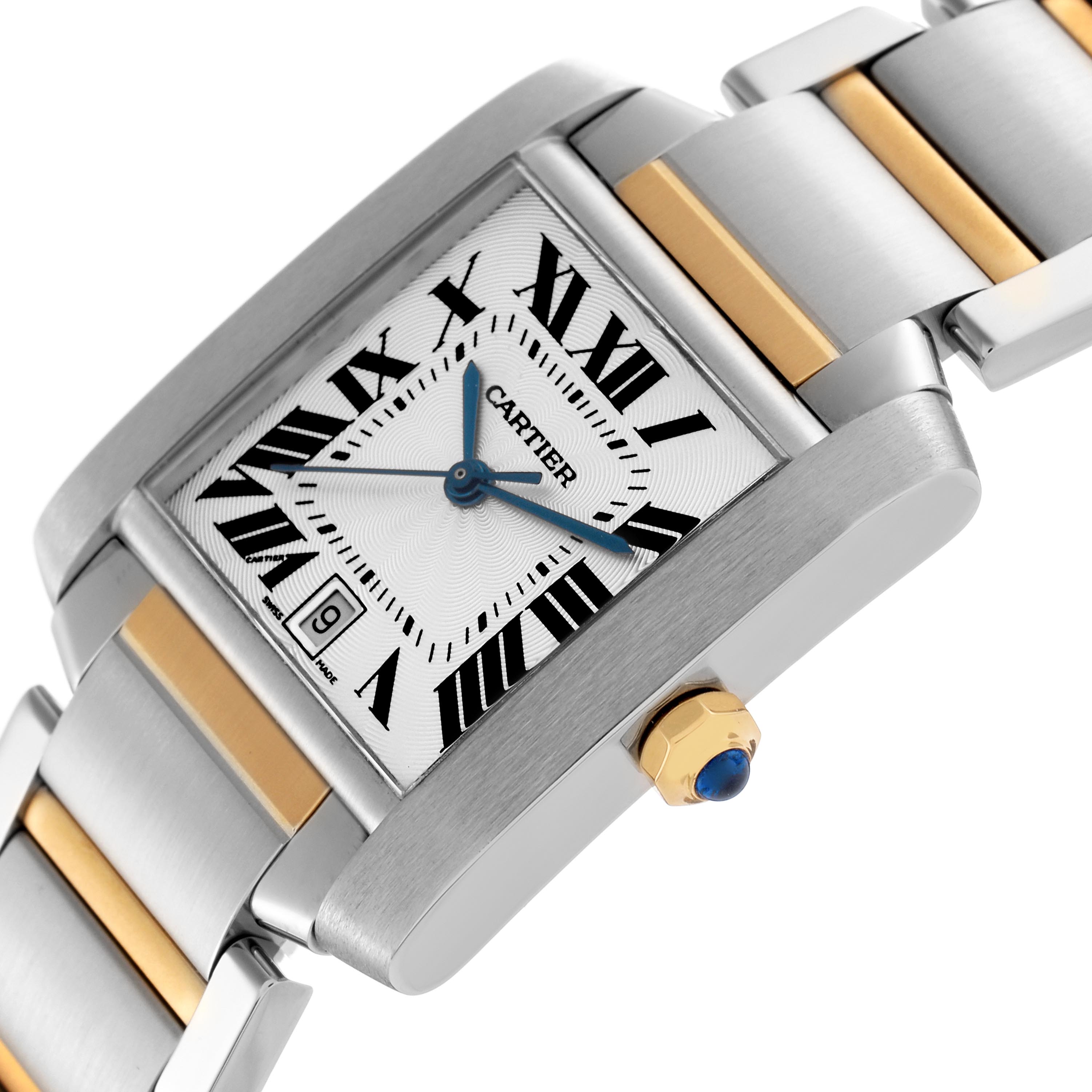 The Cartier Tank Française watch is shown at an angled close-up, highlighting its dial, bracelet, and crown.