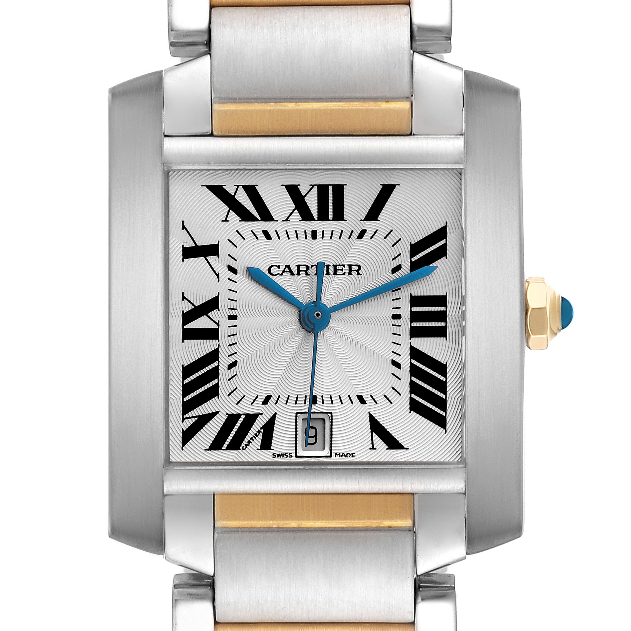 The image shows a front view of the Cartier Tank Française watch, highlighting its square face, Roman numerals, and bracelet.