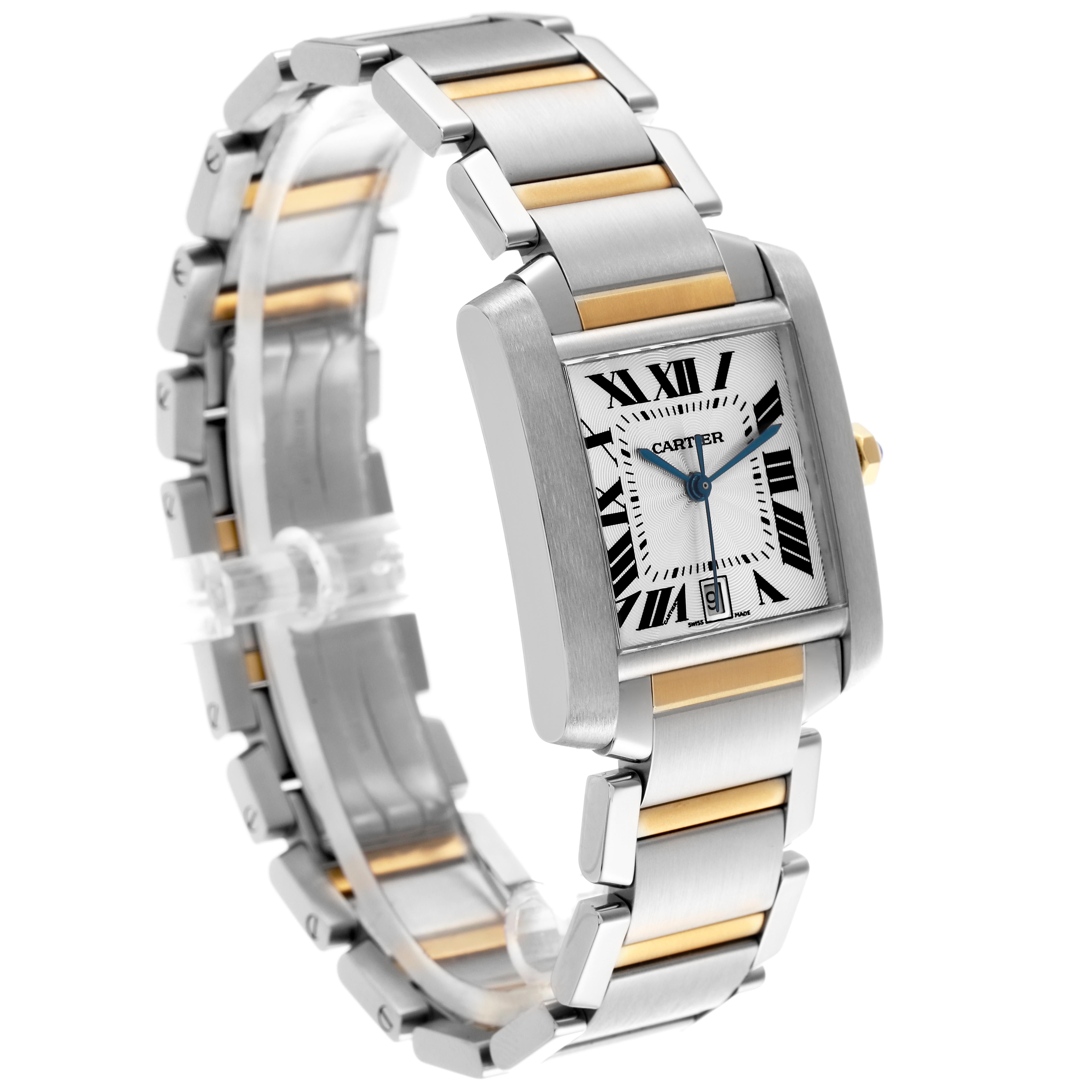 The Tank Française by Cartier is shown at a three-quarter angle, displaying its rectangular face, bracelet, and crown.