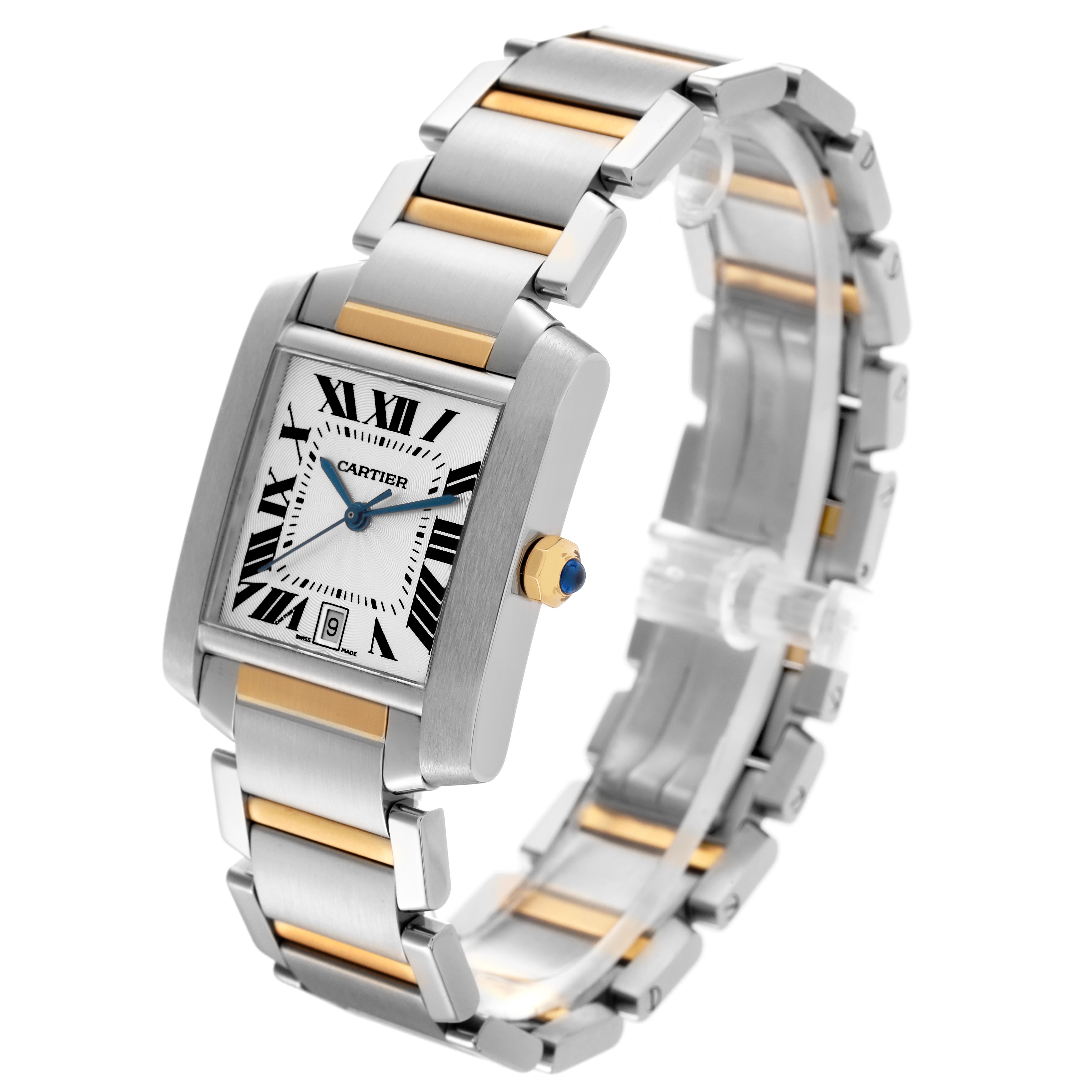 The Cartier Tank Française watch is shown at an angled view, highlighting the dial, crown, and two-tone bracelet.