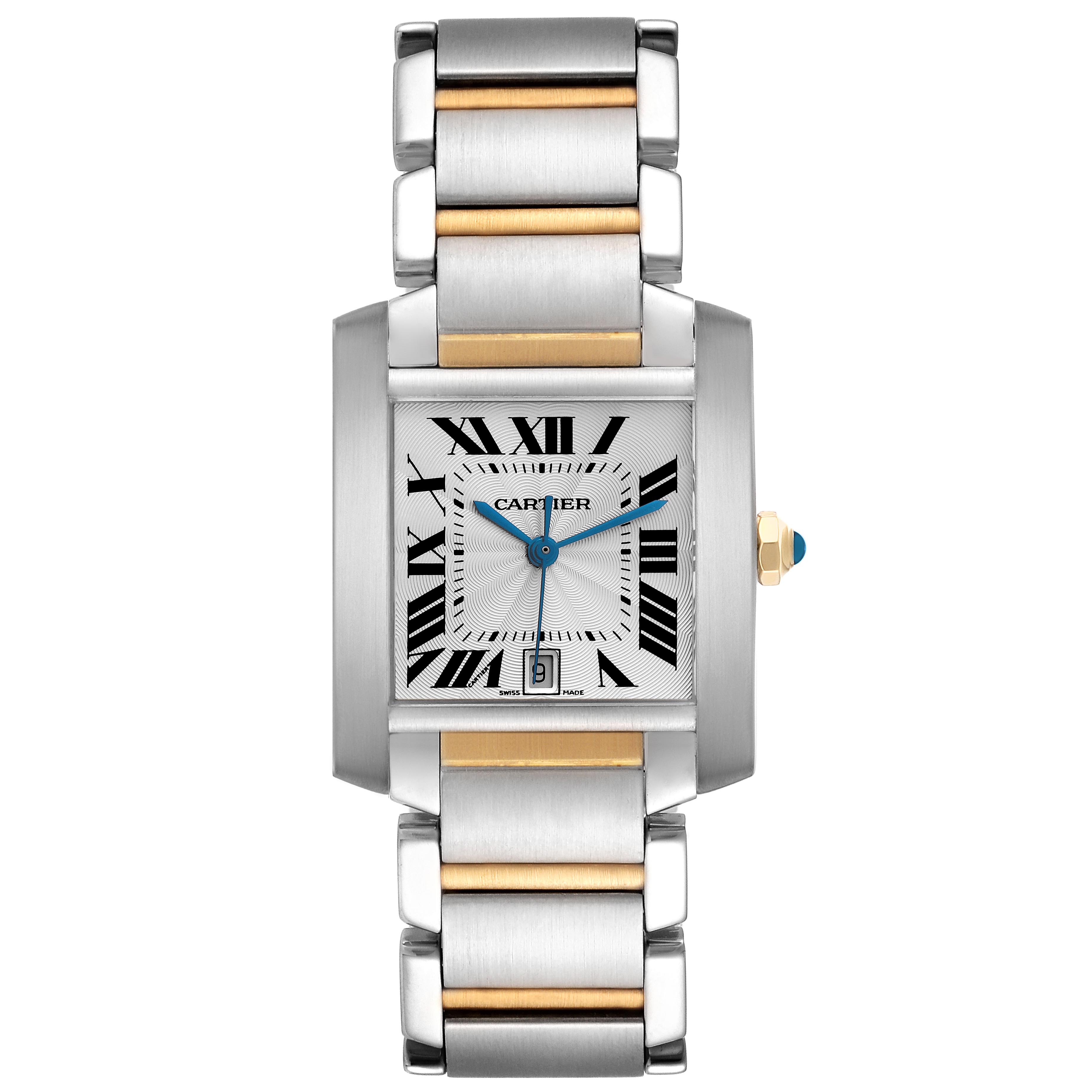 The Cartier Tank Francaise W51005Q4 Men's Steel and Gold (two tone) Silver Dial W51005Q4 Men's Steel and Gold (two tone) Silver Dial watch is shown from a front angle, displaying the face, Roman numerals, date window, and metal bracelet.