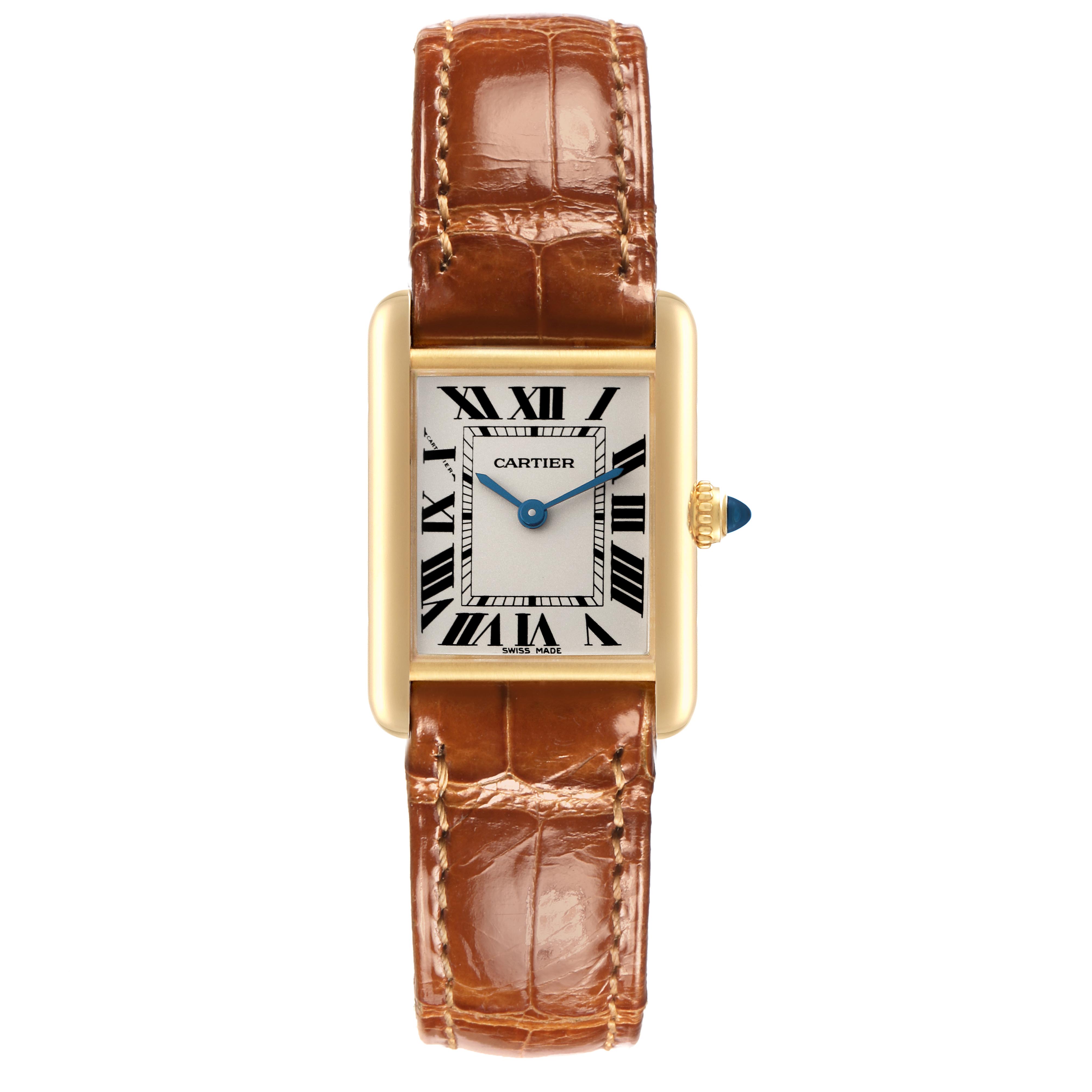 The Cartier Tank Louis W1529856 Women's Yellow Gold Silver Dial W1529856 Women's Yellow Gold Silver Dial watch is shown from a front angle, highlighting its rectangular case, Roman numeral dial, and leather strap.