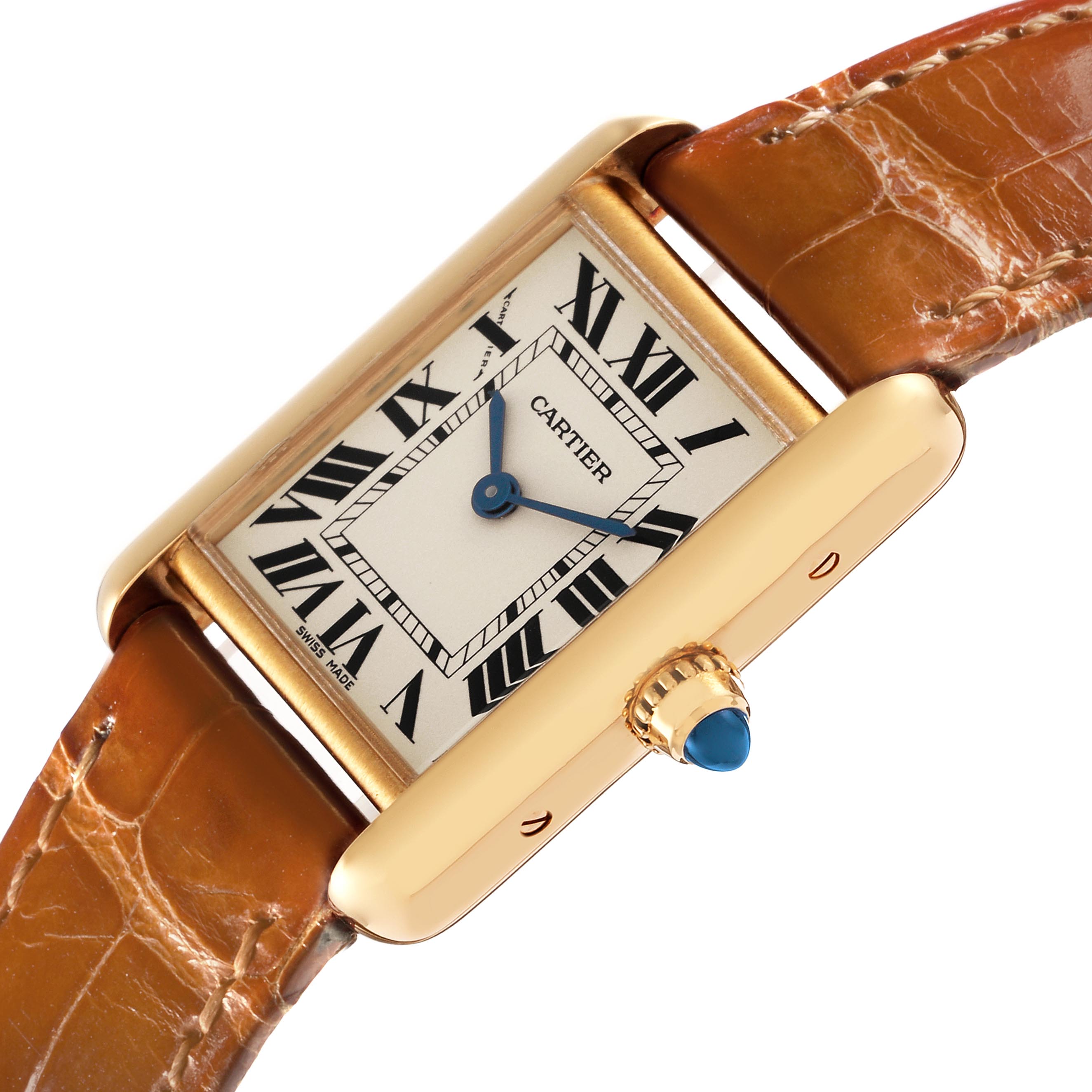 The Cartier Tank Louis W1529856 Women's Yellow Gold Silver Dial W1529856 Women's Yellow Gold Silver Dial watch is shown at an angled side view, highlighting the Roman numeral dial, leather strap, and blue cabochon crown.