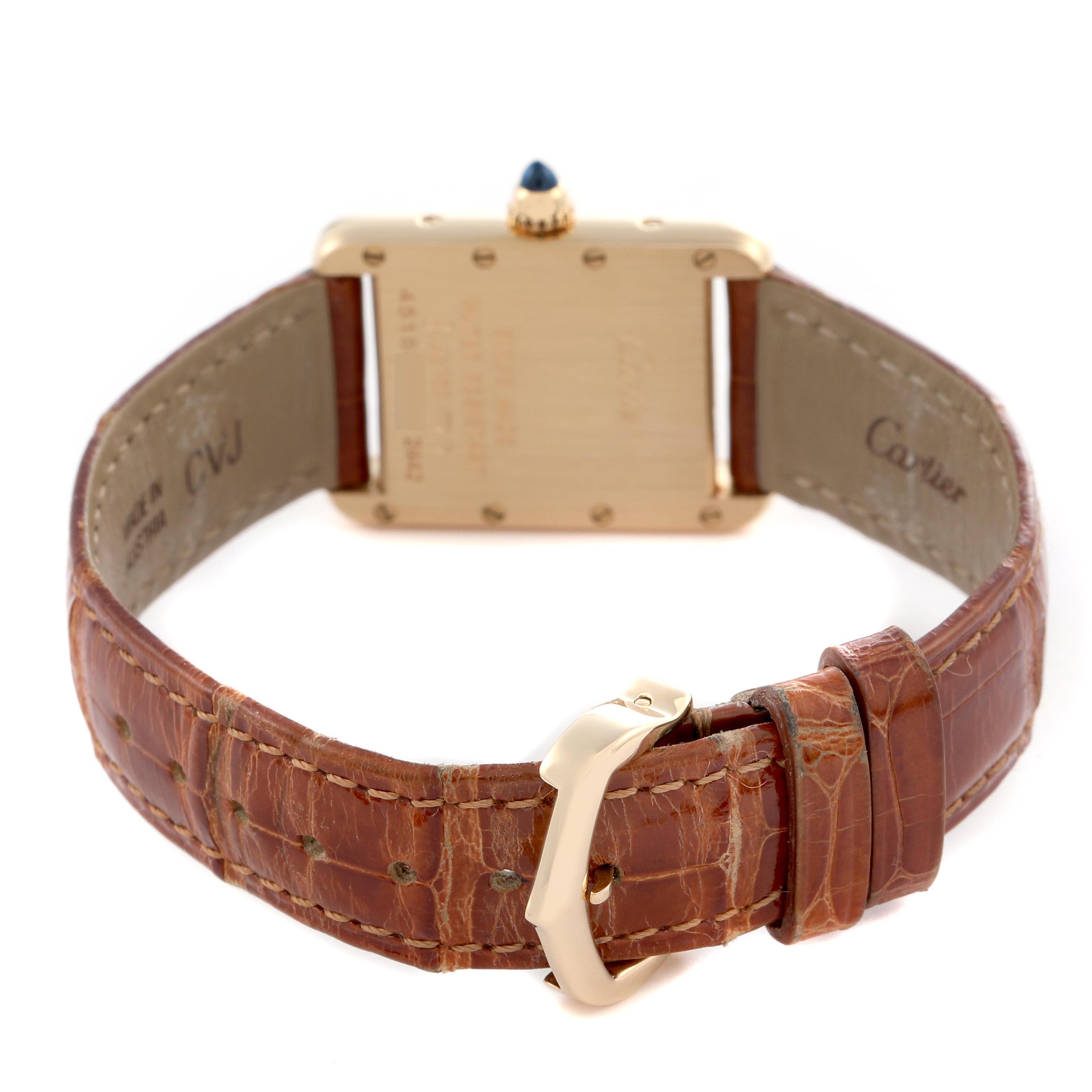 The image shows the back view of a Cartier Tank Louis W1529856 Women's Yellow Gold Silver Dial W1529856 Women's Yellow Gold Silver Dial watch, highlighting the case, leather strap, and buckle.