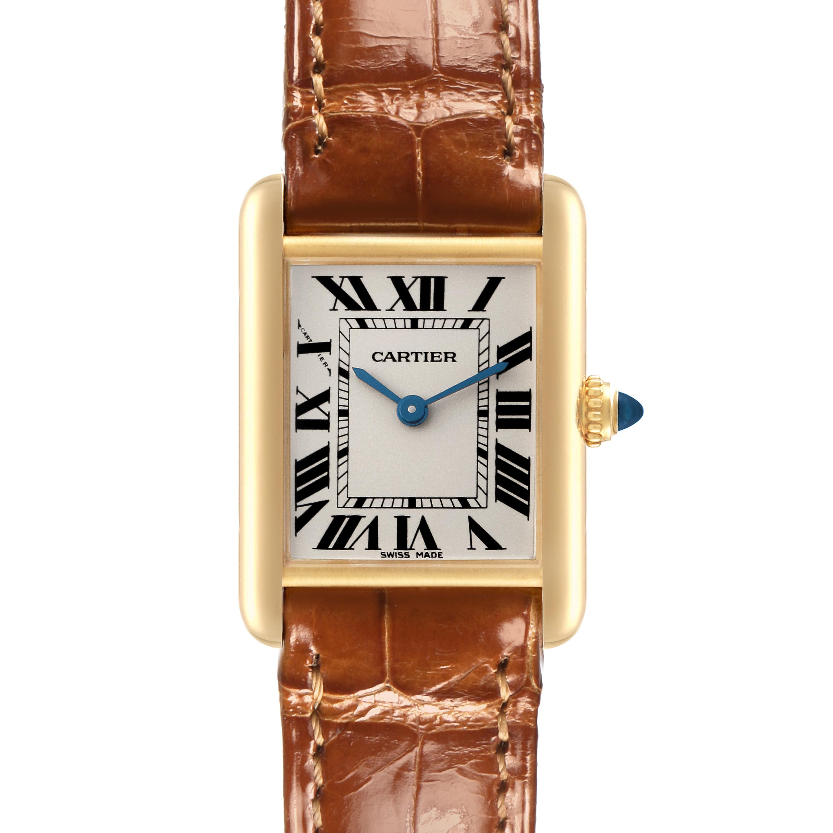 The Cartier Tank Louis W1529856 Women's Yellow Gold Silver Dial W1529856 Women's Yellow Gold Silver Dial watch is shown from the front, displaying its rectangular face, Roman numerals, gold case, and leather strap.