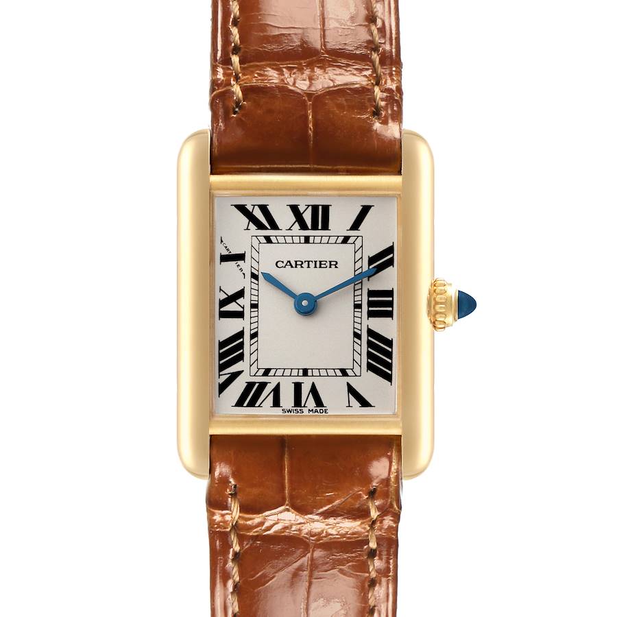 The Cartier Tank Louis watch is shown from the front, displaying its rectangular face, Roman numerals, gold case, and leather strap.