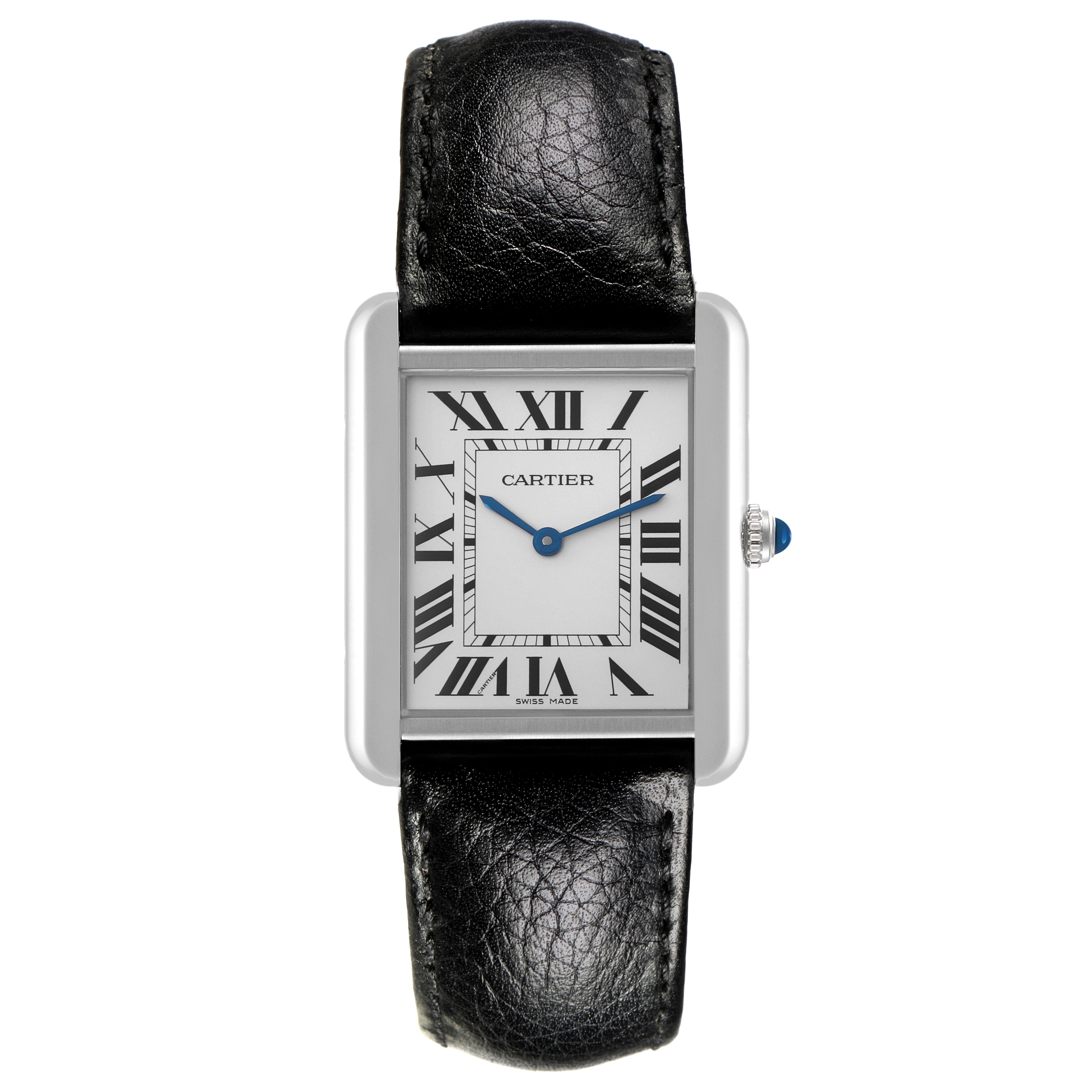The Cartier Tank Solo WSTA0028 Men's Stainless Steel Silver Dial WSTA0028 Men's Stainless Steel Silver Dial watch is shown from a front view, highlighting the dial, Roman numerals, blue hands, and leather strap.
