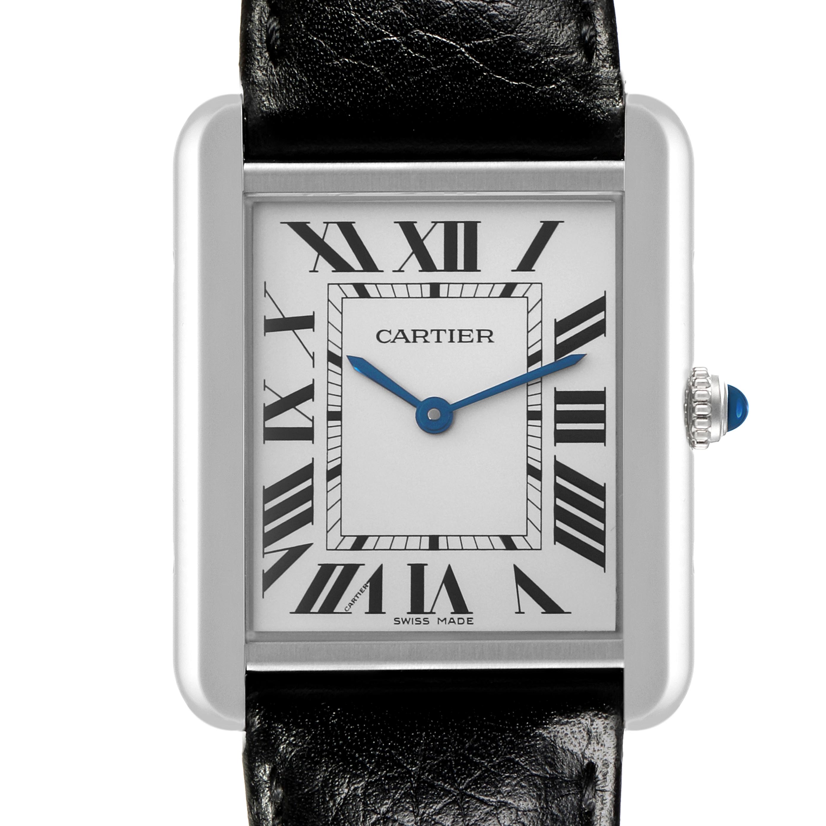 The Cartier Tank Solo WSTA0028 Men's Stainless Steel Silver Dial WSTA0028 Men's Stainless Steel Silver Dial watch is shown from the front, highlighting its rectangular face, Roman numerals, and blue hands.